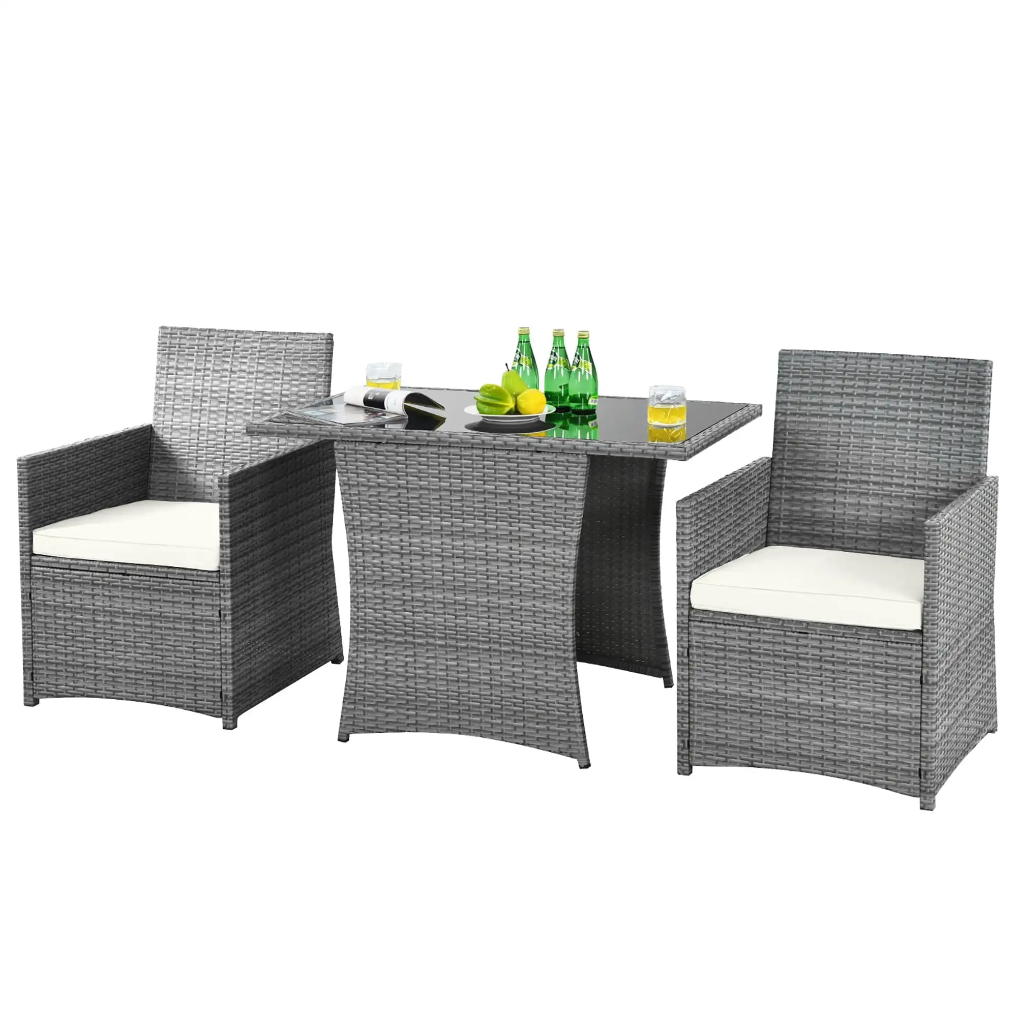 3 PCS Patio Dining Set Rattan Bistro Set Outdoor Conversation Set White