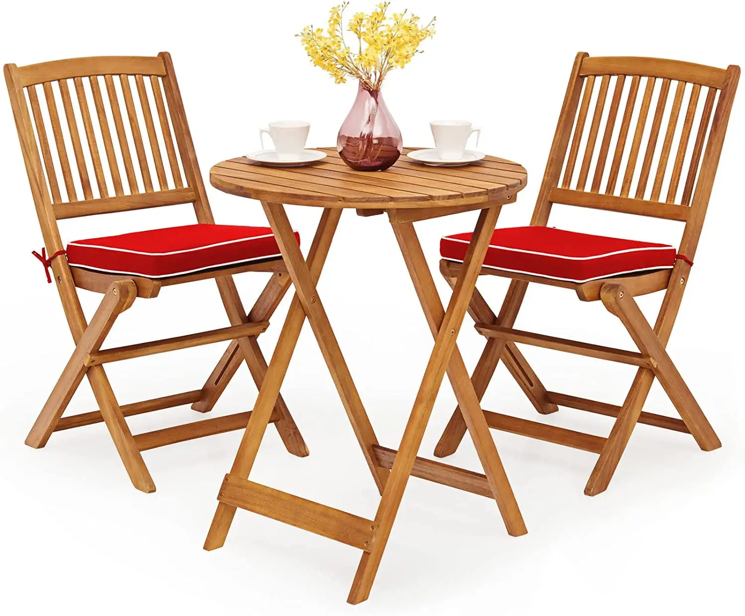 3 PCS Patio Folding Bistro Set. Outdoor Acacia Wood Chair and Table Set w/Padded Cushion& Round Coffee Table. Ideal for Indoor Patio Poolside Garden