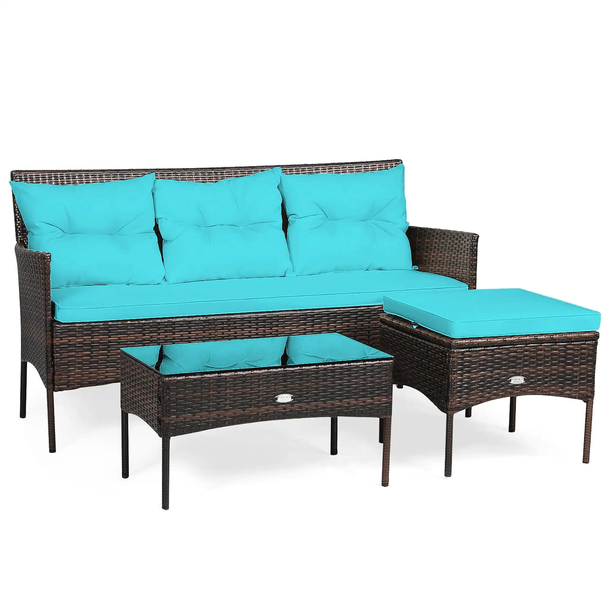 3 PCS Patio Furniture Sectional Set Rattan Wicker Conversation Set Turquoise