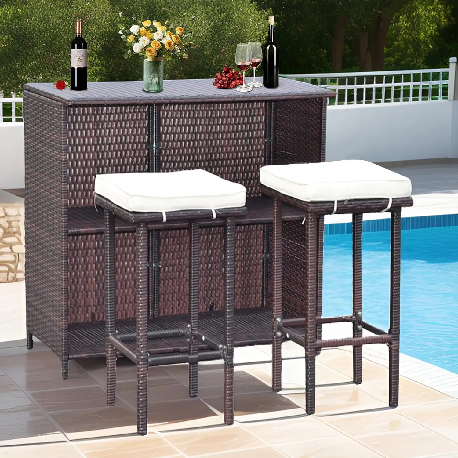 3 PCS Patio Outdoor Bar Sets with Two Stools. Wicker Bar Table and Chairs with Storage Shelves. PE Rattan Furniture for Poolside. Gardens. Balcony. Backyard or Porches (Brown-White)