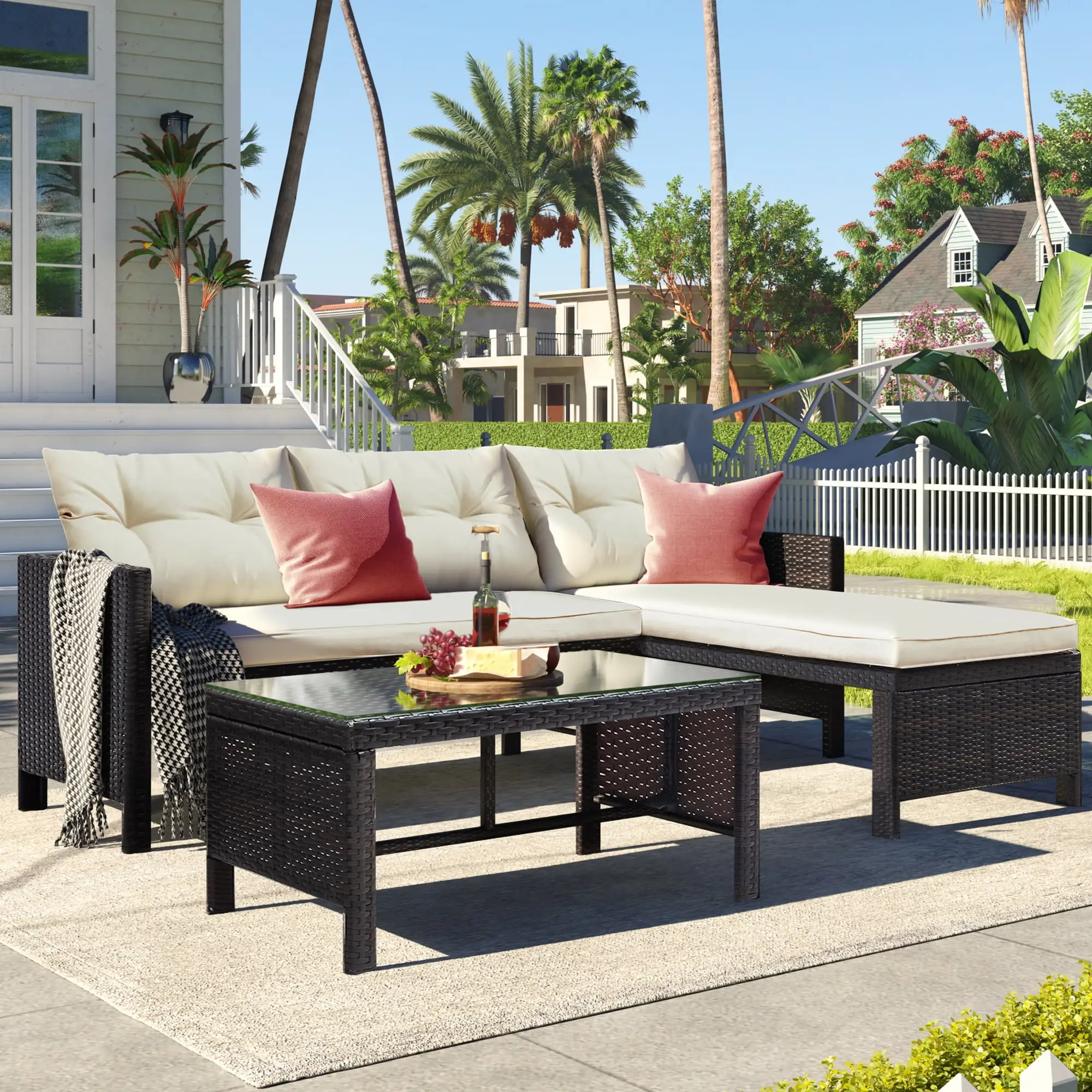 3 PCS Patio Sectional Sofa Conversation Set. All Weather Rattan Patio Furniture Set. Brown Outdoor Chaise Lounge Set with Cushion and Table. Deck Backyard Porch Furniture