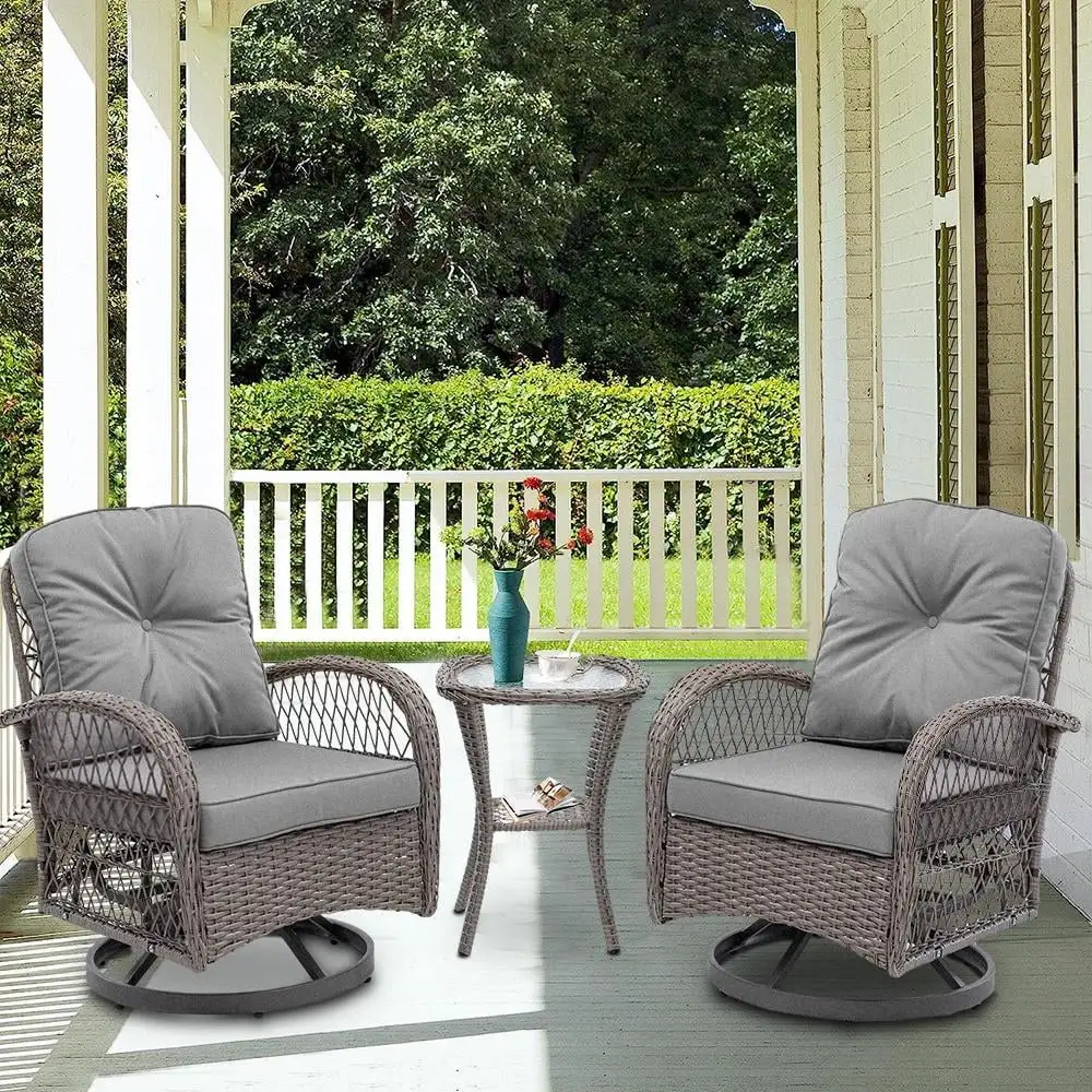 3 PCS Patio Swivel Rocker Set. PE Rattan Swivel Bistro Table Set. Outdoor Conversation Set with Glass Tabletop and Cushions for Balcony Patio Deck Poolside - Gray