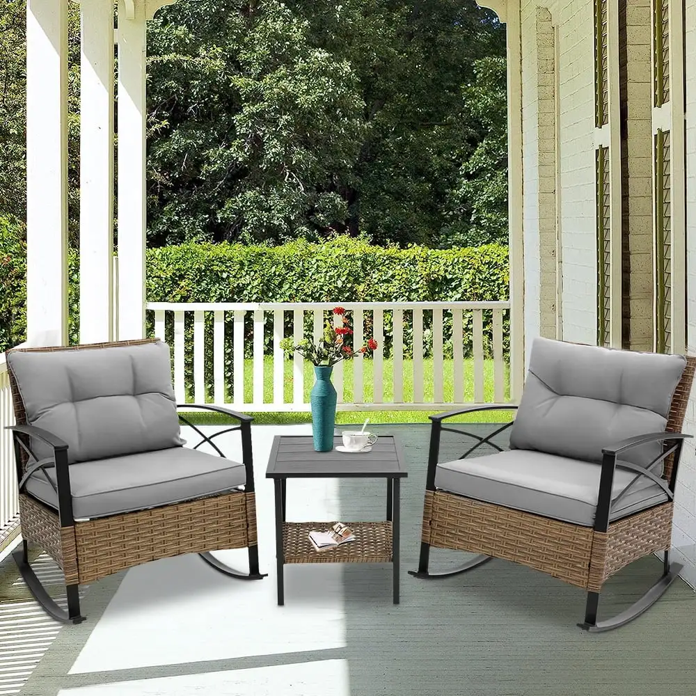 3 PCS Rocking Bistro Set. Outdoor Patio Porch Furniture Sectional Chairs with Tea Table. PE Rattan Patio Furniture Conversation Set for Lawn Pool Courtyard Garden Balcony