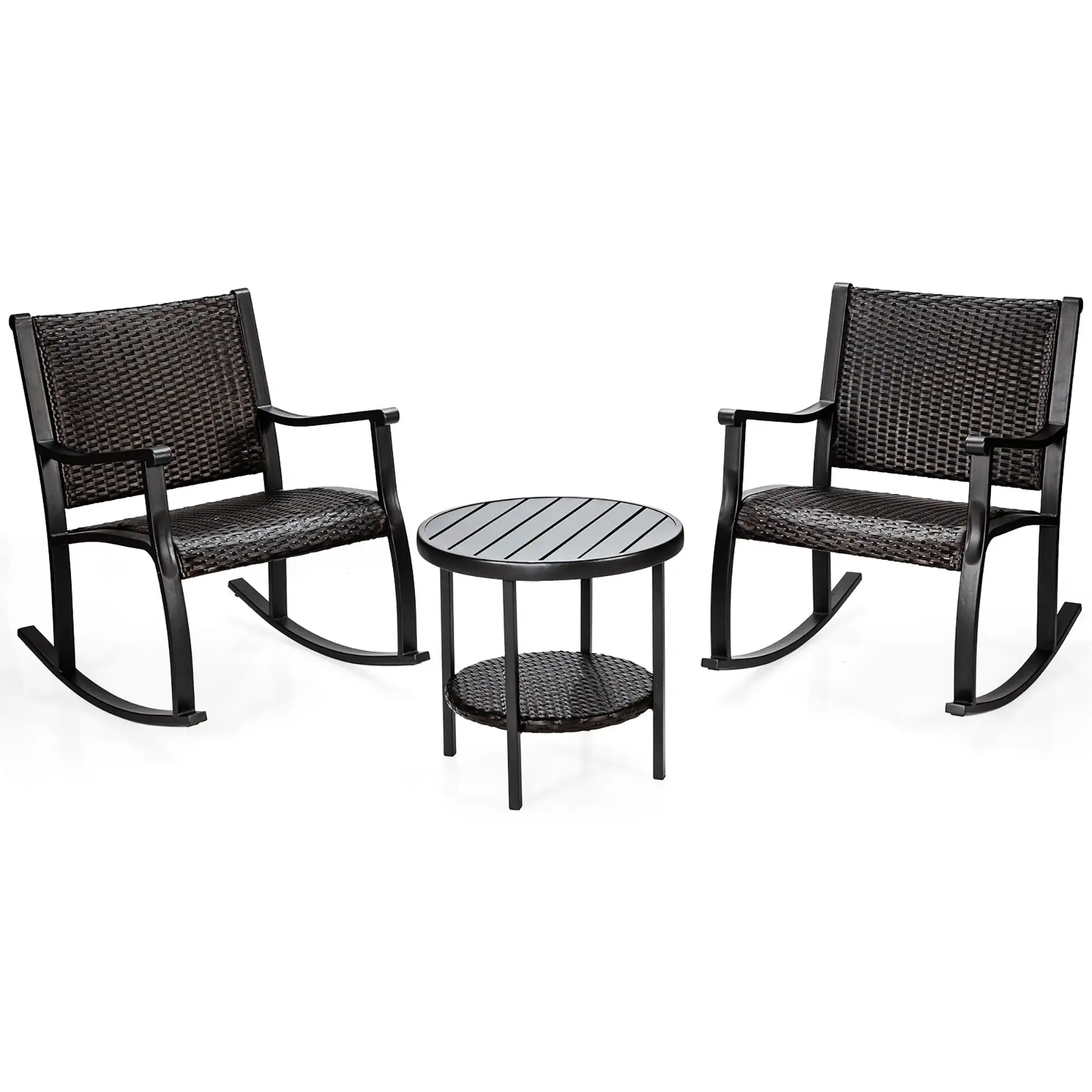 3 PCS Rocking Bistro Set Wicker Patio Rocking Chairs with Coffee Table