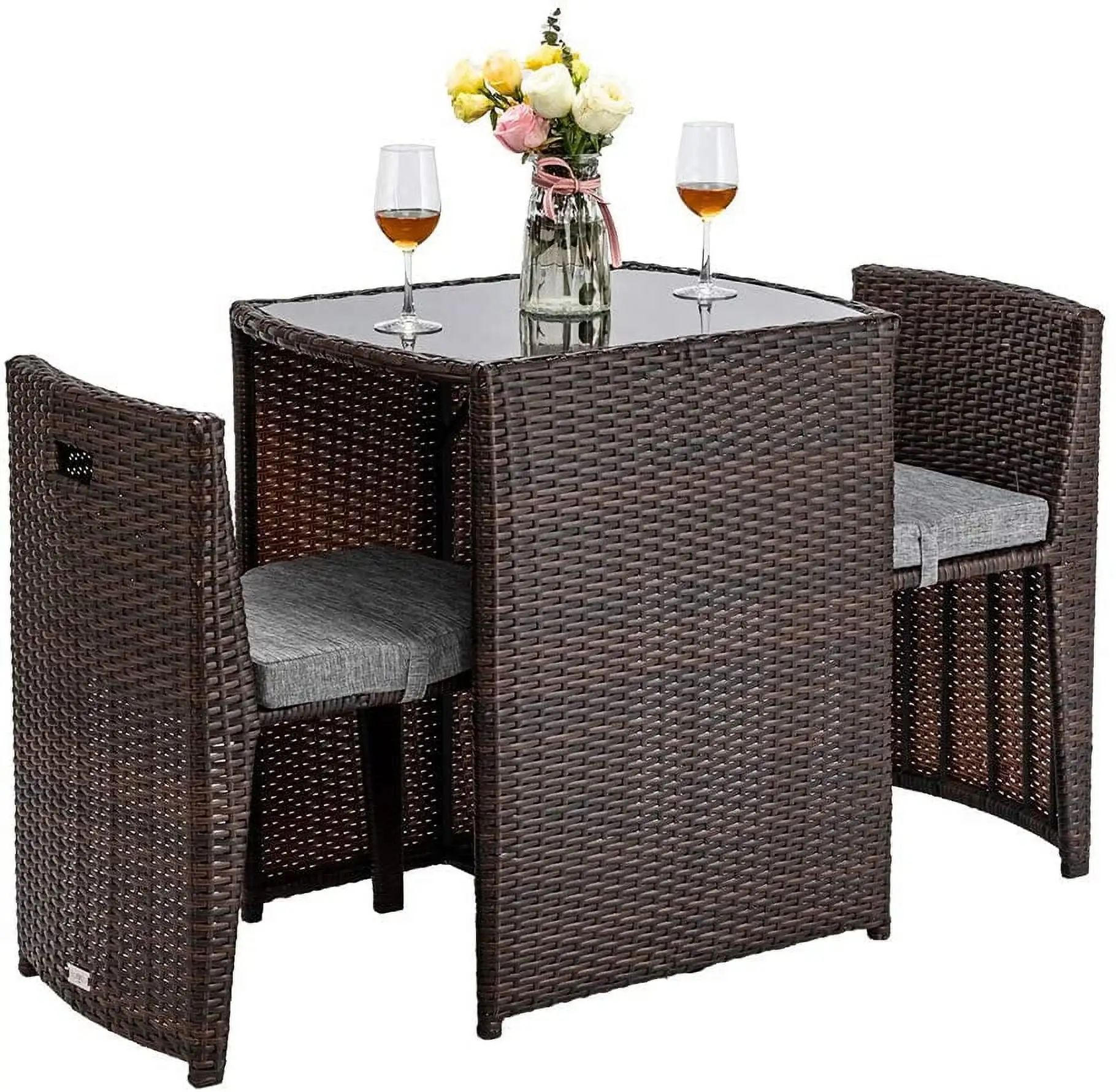 3 PCS Wicker Outdoor Patio Bistro Set. Patio Furniture Set for Small Space with Glass Top Table Dining Chairs. Balcony Furniture Patio Table and Chairs Set of 2 for Garden Yard Porch