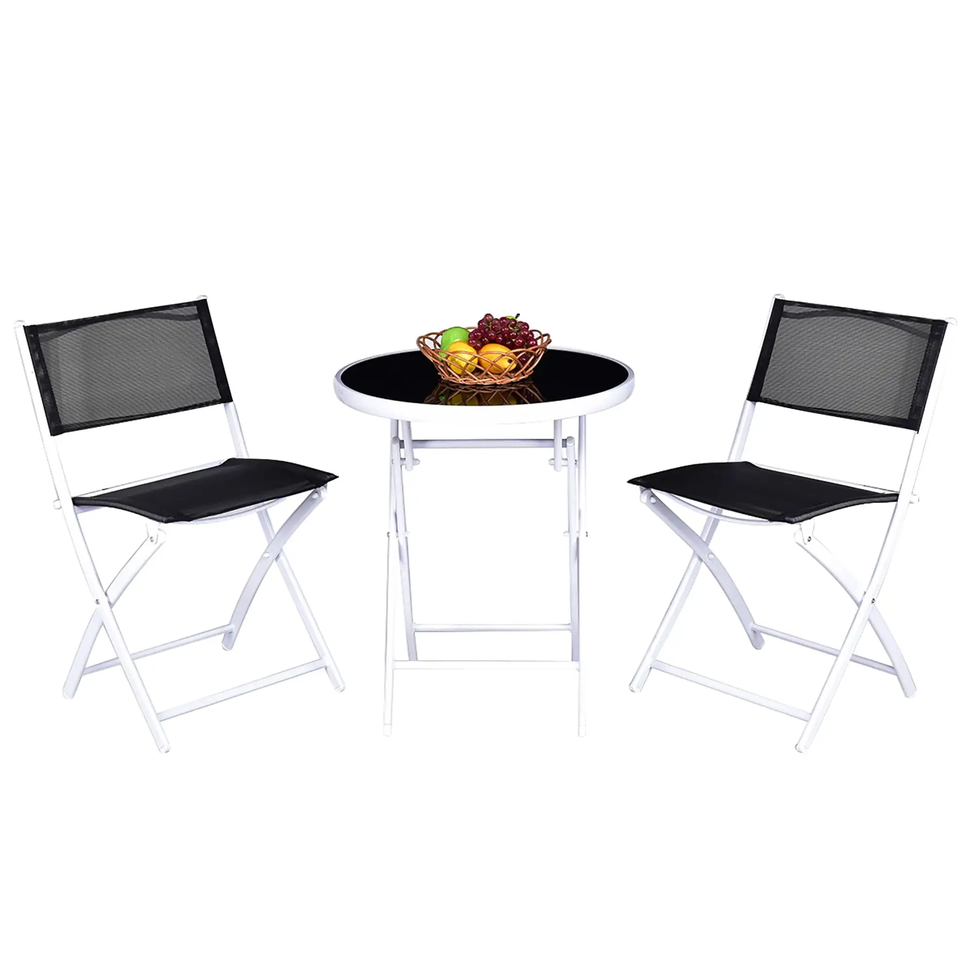 3 Pcs Bistro Set Garden Backyard Round Table Folding Chairs Black