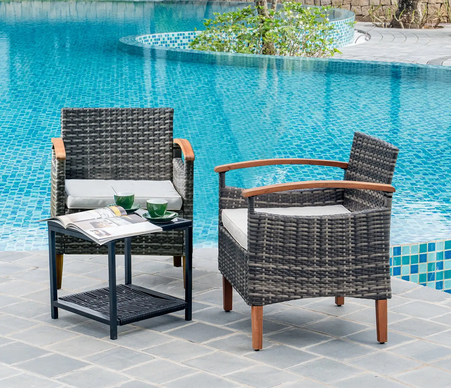 3 Pcs Outdoor Patio Furniture Sets. Outdoor Patio Rattan Chair with Side Coffee Table. Conversation Set Outdoor for Yard Garden Backyard Lawn(Gray)