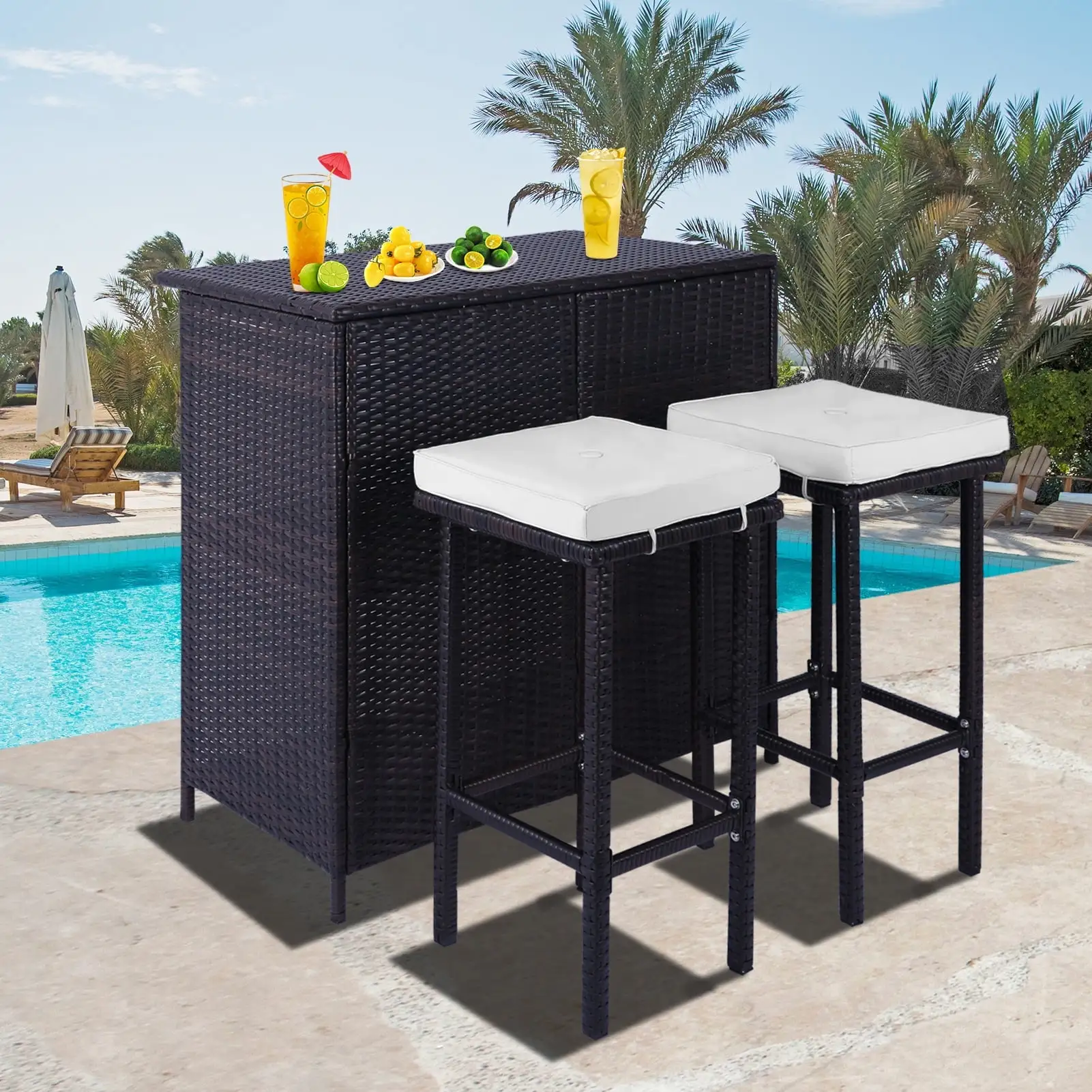 3 Pcs Patio Bar Set. Outdoor Wicker Rattan Conversation Set with Removable Cushions and Steel Frame. Bistro Set for Backyards. Porches. Gardens or Poolside