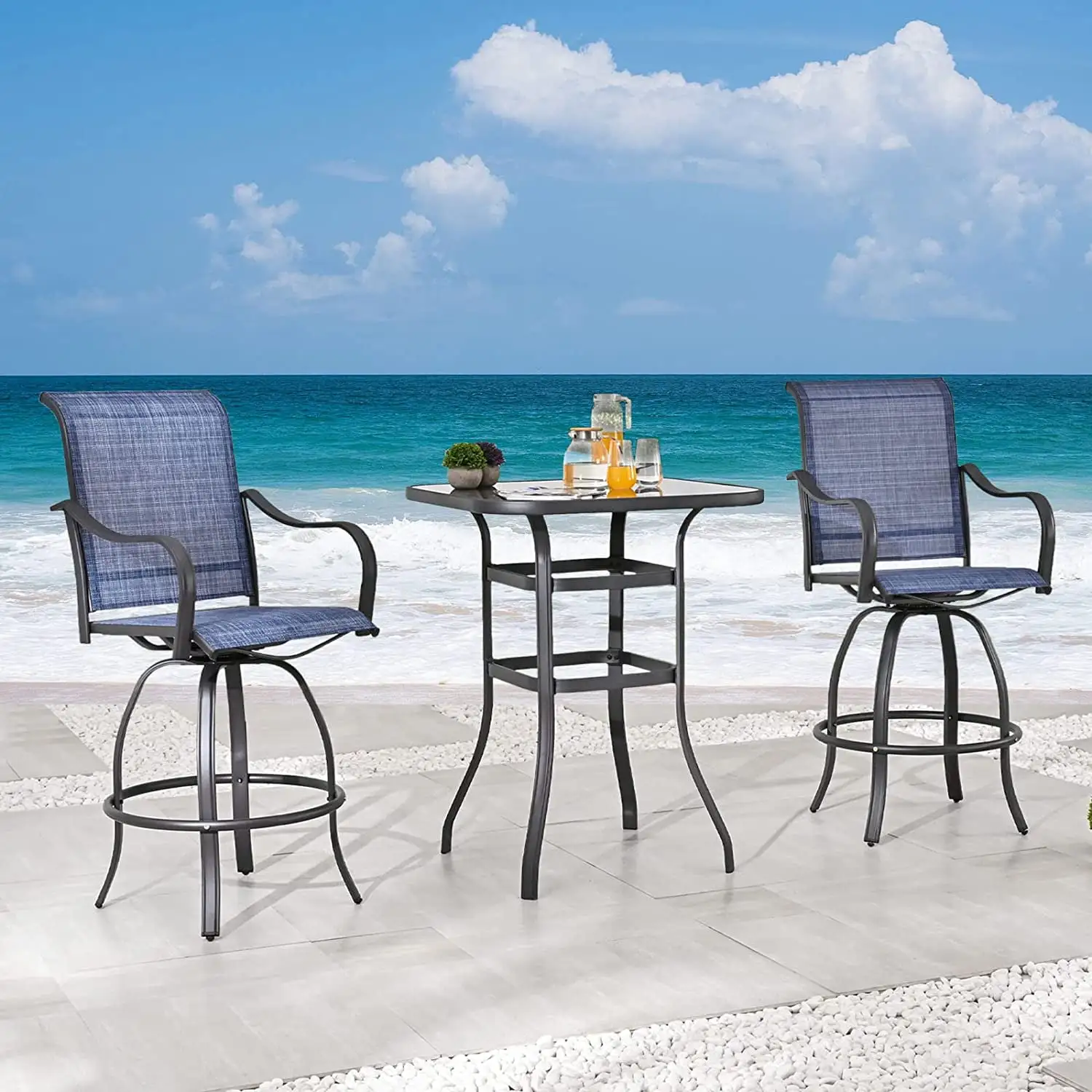 3 Pcs Patio Bistro Set 360?? Swivel Chairs with Bar Height Table with Tempered Glass Top Outdoor Furniture for Deck (Blue)