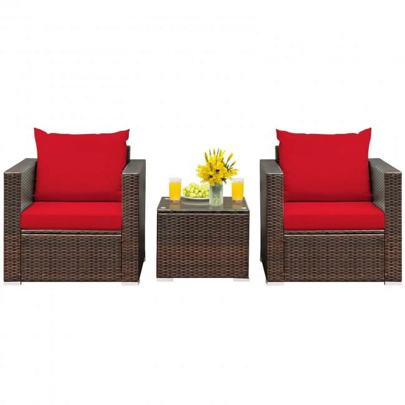 3 Pcs Patio Conversation Rattan Furniture Set with Cushion-Red