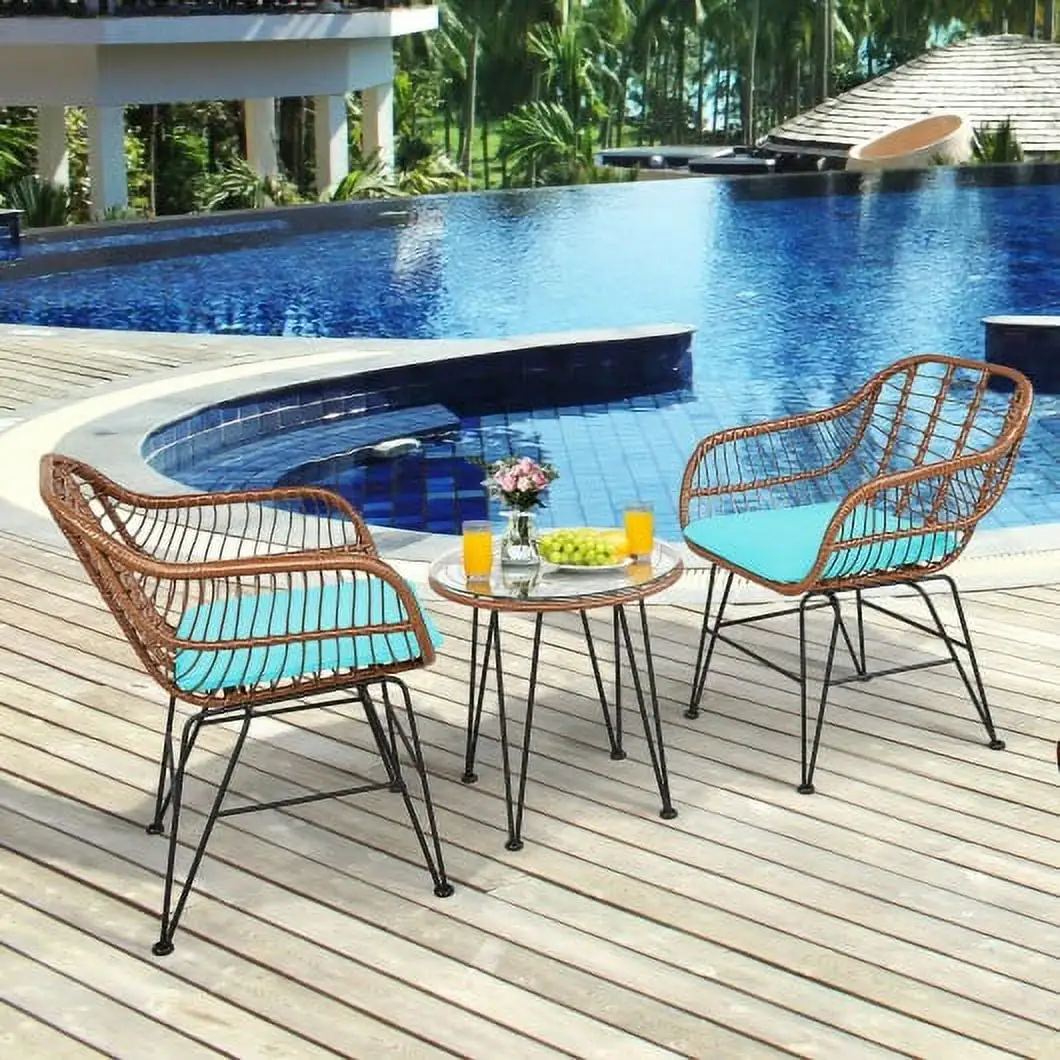 3 Pcs Patio Rattan Bistro Set with Cushion-Turquoise