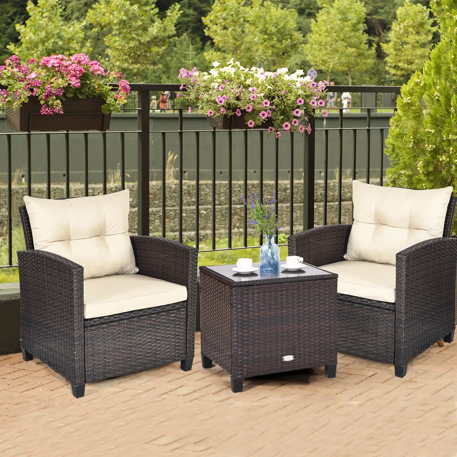 3 Pcs Patio Rattan Furniture Set Beige Cushioned Conversation Set Coffee Table