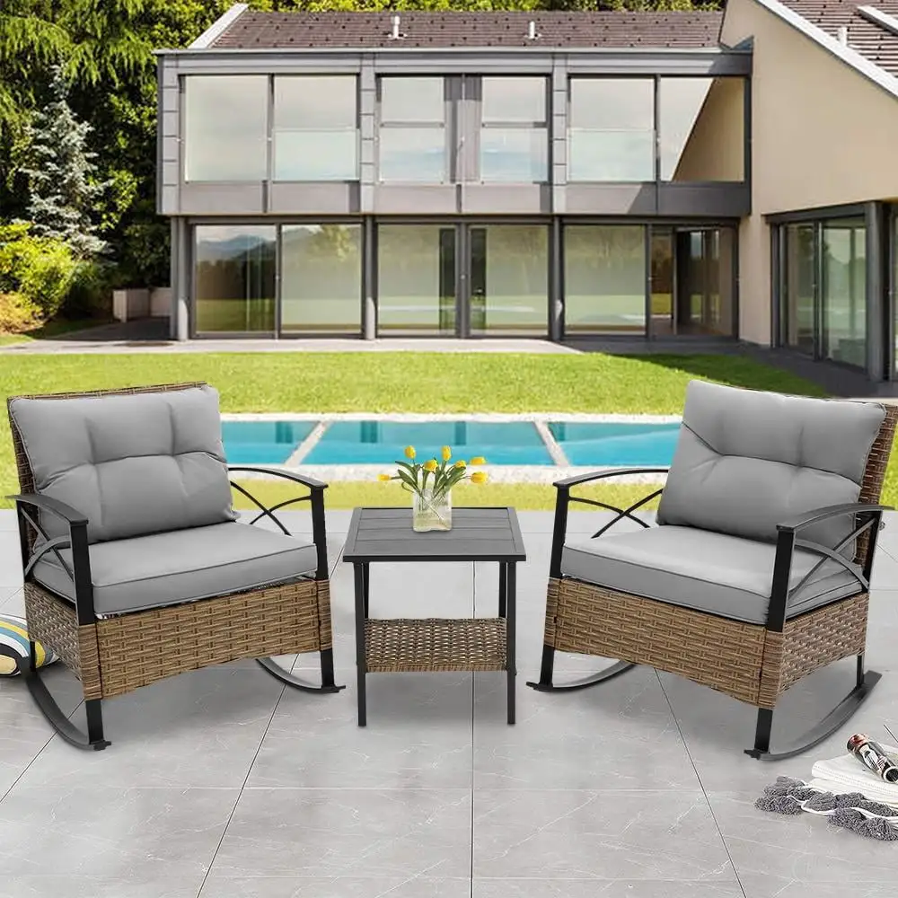 3 Pcs Patio Rocking Bistro Set. PE Wicker Bistro Set with Soft Cushion. 2 Chairs and 1 Steel Top Side Table. Outdoor Conversation Set for Patio Backyard Porches - Gray