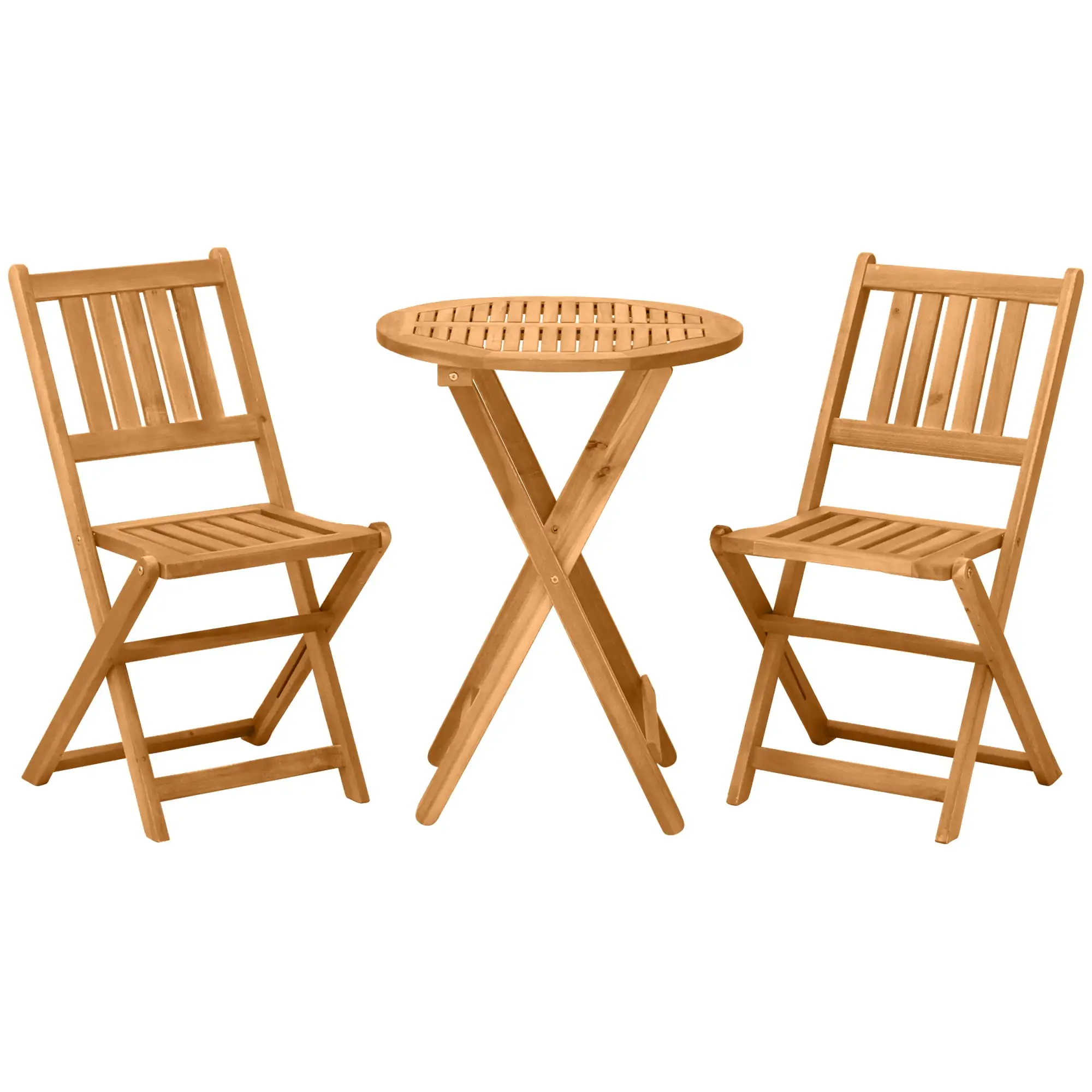 3-Piece Acacia Wood Bistro Set. Folding Patio Furniture With 2 Folding Chairs And Round Coffee Table. Teak. Slatted Finish. For Backyard. Balcony. Deck. Natural