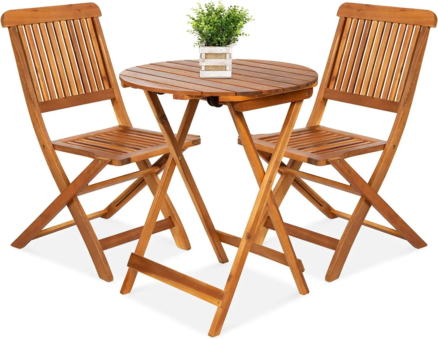 3-Piece Acacia Wood Bistro Set. Folding Patio Furniture for Backyard. Balcony. Deck w/ 2 Chairs. Round Coffee Table. Teak Finish - Natural