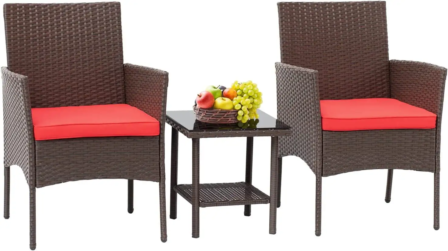 3 Piece Bistro Conversation Set Patio Brown Wicker Chairs Furniture Outdoor Furniture Set 2 Rattan Chairs with Red Cushions and Glass Coffee Table for Porch Lawn Garden Balcony Backyard