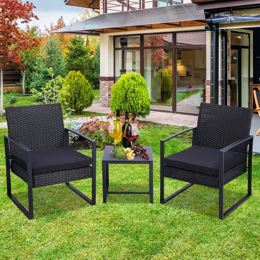 3 Piece Bistro Patio Rattan Chair. Wide-Use Outdoor Conversation Set. 2 Metal Frame Single Chairs & a Glass Top Coffee Table. Bistro Table Set W/ Waterproof Soft Cushion for Deck Pool Backyard. T182