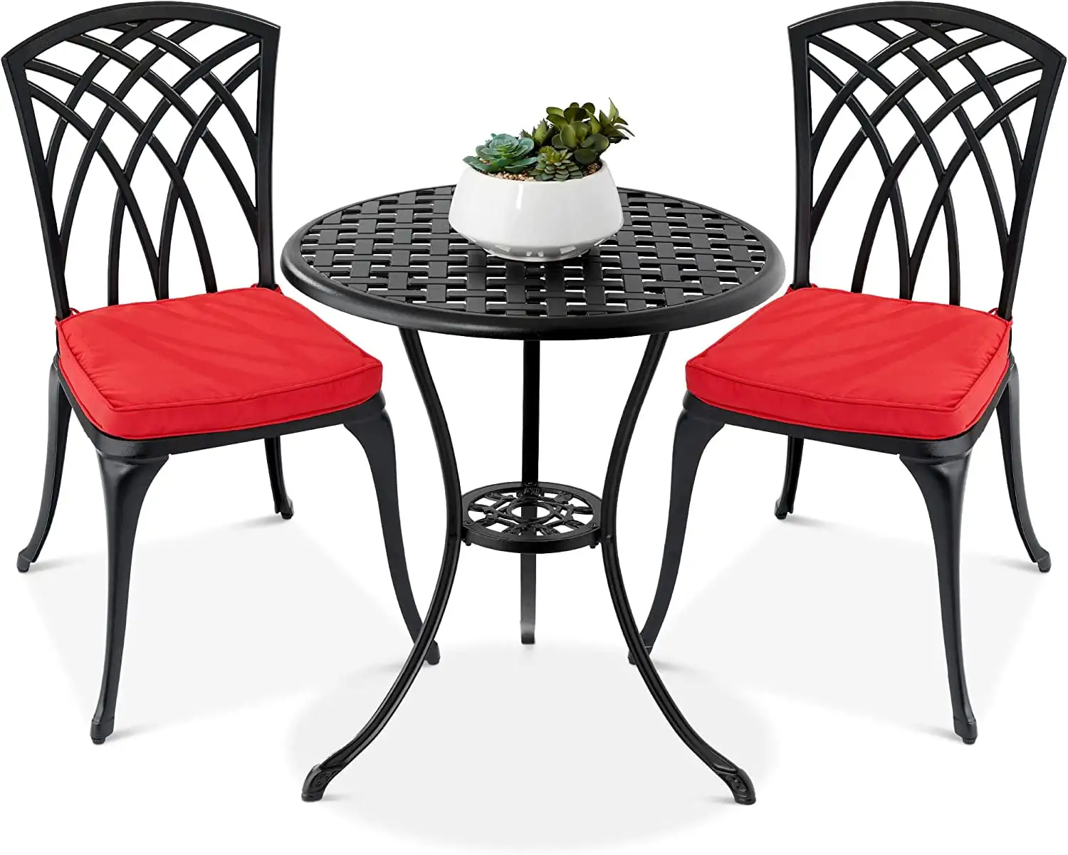 3-Piece Bistro Set. Aluminum Outdoor Dining Furniture Set for Patio. Porch. Backyard w/Umbrella Hole. 2 Chairs. 2 Cushions. Polyester Fabric - Black/Red