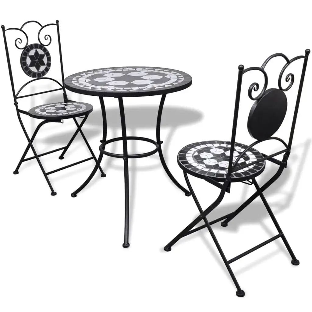 3 Piece Bistro Set Ceramic Tile Black and White