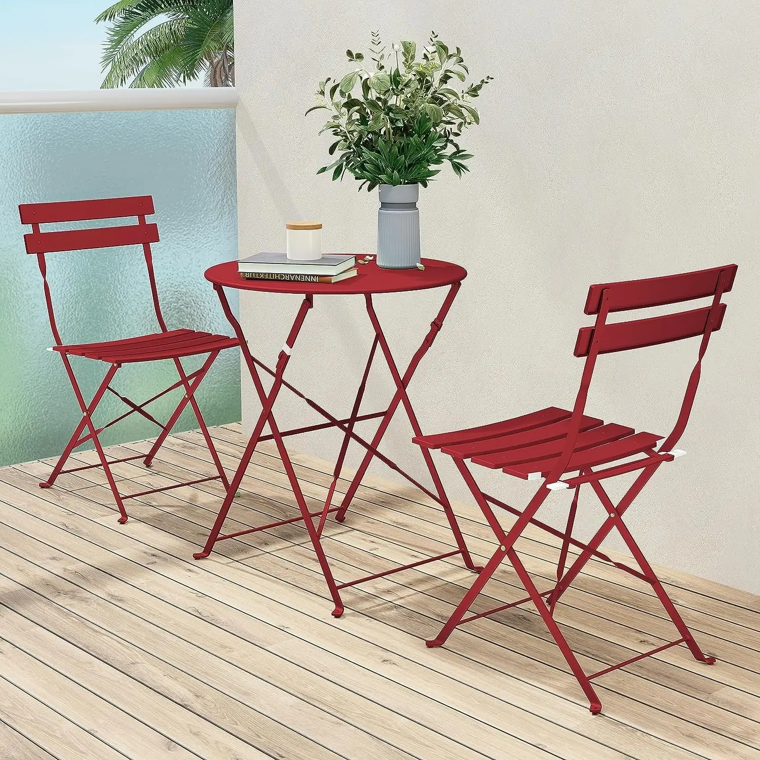 3-Piece Bistro Set Folding Outdoor Furniture Sets with Premium Steel Frame Portable Design for Bistro & Balcony Red