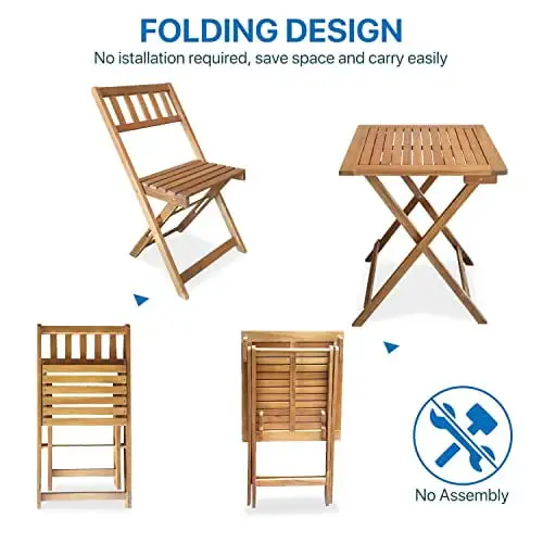 3 Piece Bistro Set Folsing Patio Set Acacia Wood Outdoor Furniture for Backyard. Balcony. Indoor Small Dining Set W/2 Chairs and Square Table. Natural Oiled