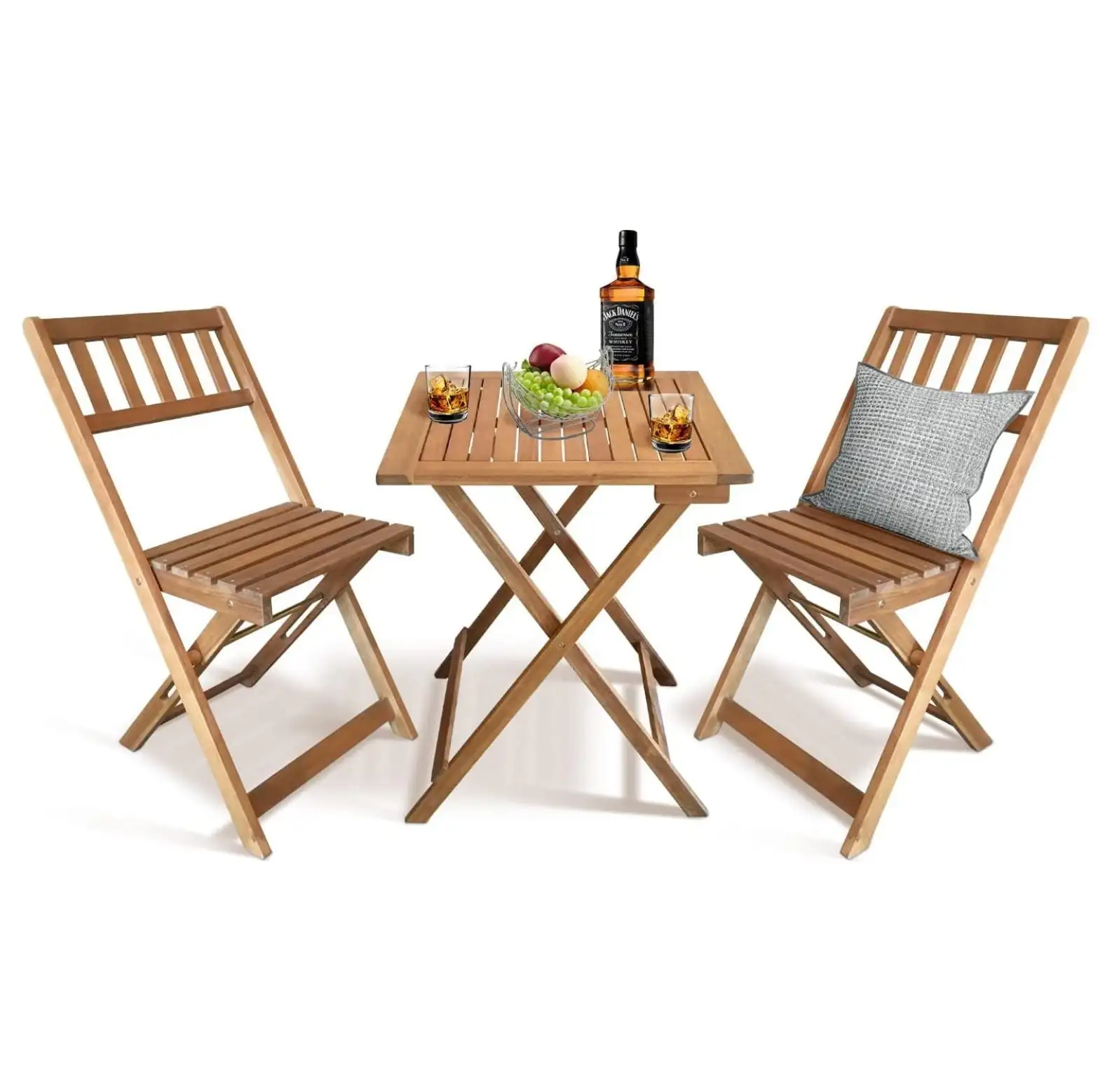 3 Piece Bistro Set Folsing Patio Set Acacia Wood Outdoor Furniture for Backyard. Balcony. Indoor Small Dining Set W/2 Chairs and Square Table. Natural Oiled