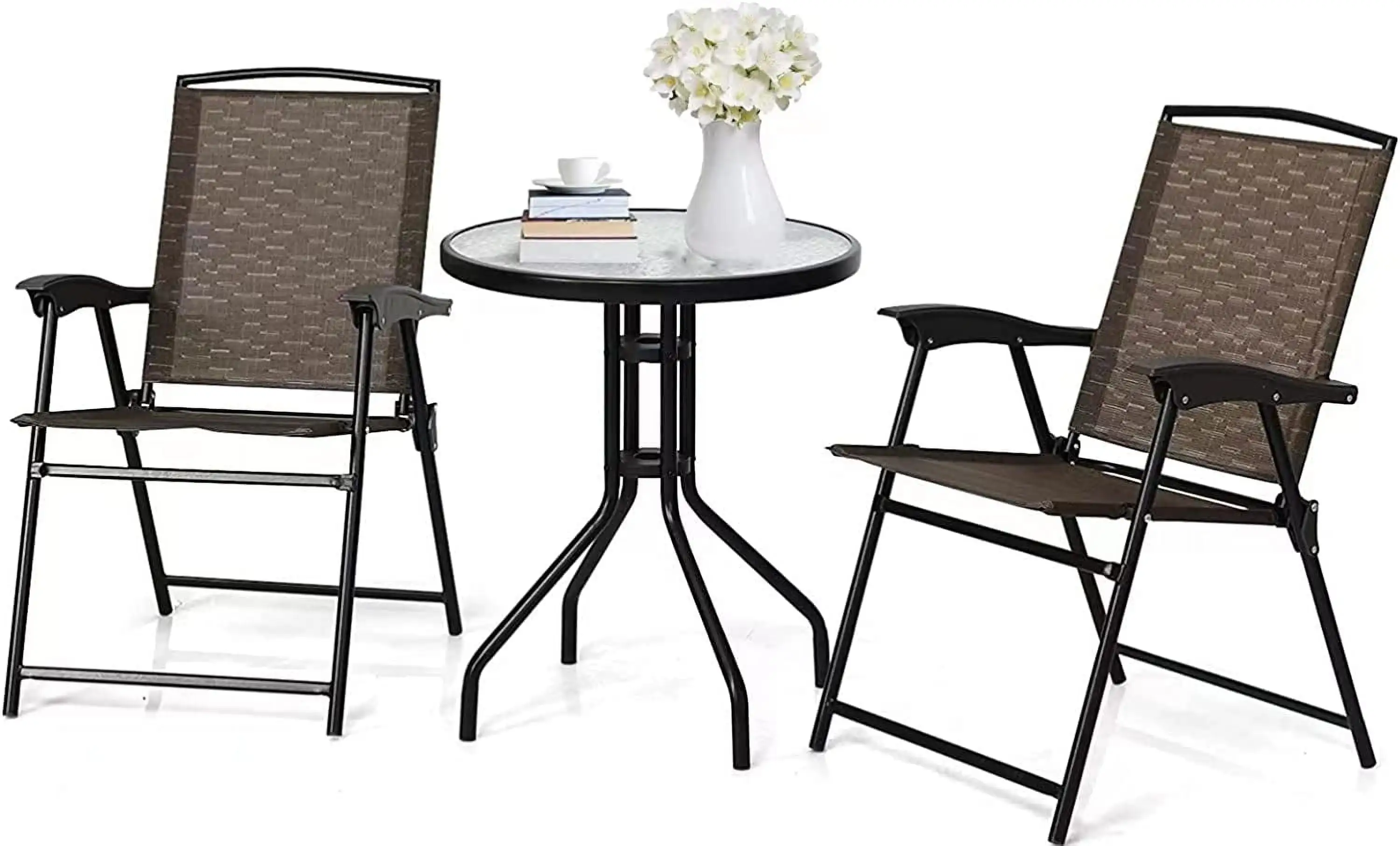 3 Piece Bistro Set. Outdoor Table and Chairs Set. 2 Folding Chairs & Coffee Table w/Textured Glass Tabletop. Small Patio Furniture Set for Balcony. Front Porch. Backyard & Garden