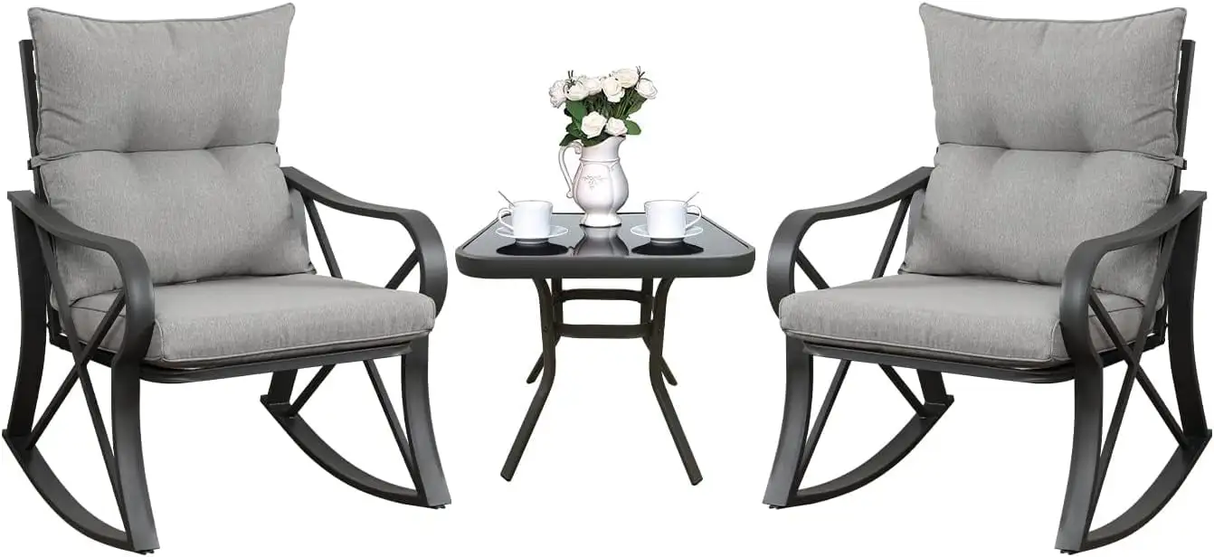 3 Piece Bistro Set Patio Rocking Chairs Outdoor Furniture w Warm Gray Cushions. Glass-Top Table for Garden. Pool. Backyard