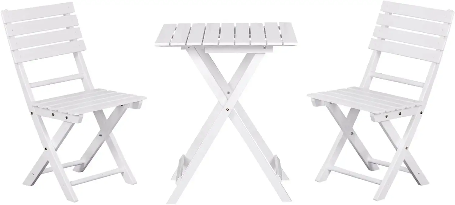 3 Piece Bistro Set. Wood S Outdoor Furniture with Table & Chairs for Backyard & Balcony. Square. White