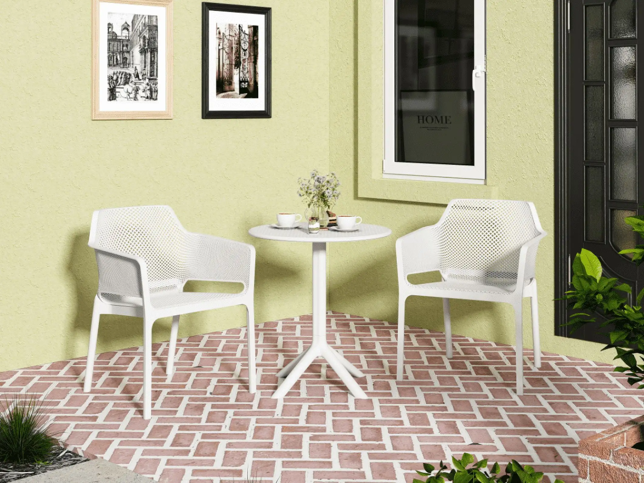 3 Piece Bistro Table Set. Outdoor Plastic Round Table & Arm Chairs. All-Weather Conversation Patio Set for Yard Balcony Porch Garden. Tool-Free Assembly. White