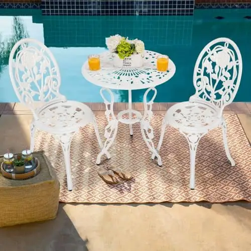 3- Piece Bistro Table Set. Rust-Resistant Cast Aluminum with Umbrella Hole. Rose Carving and Antique Bronze Table and Chairs for Backyard Garden (White)