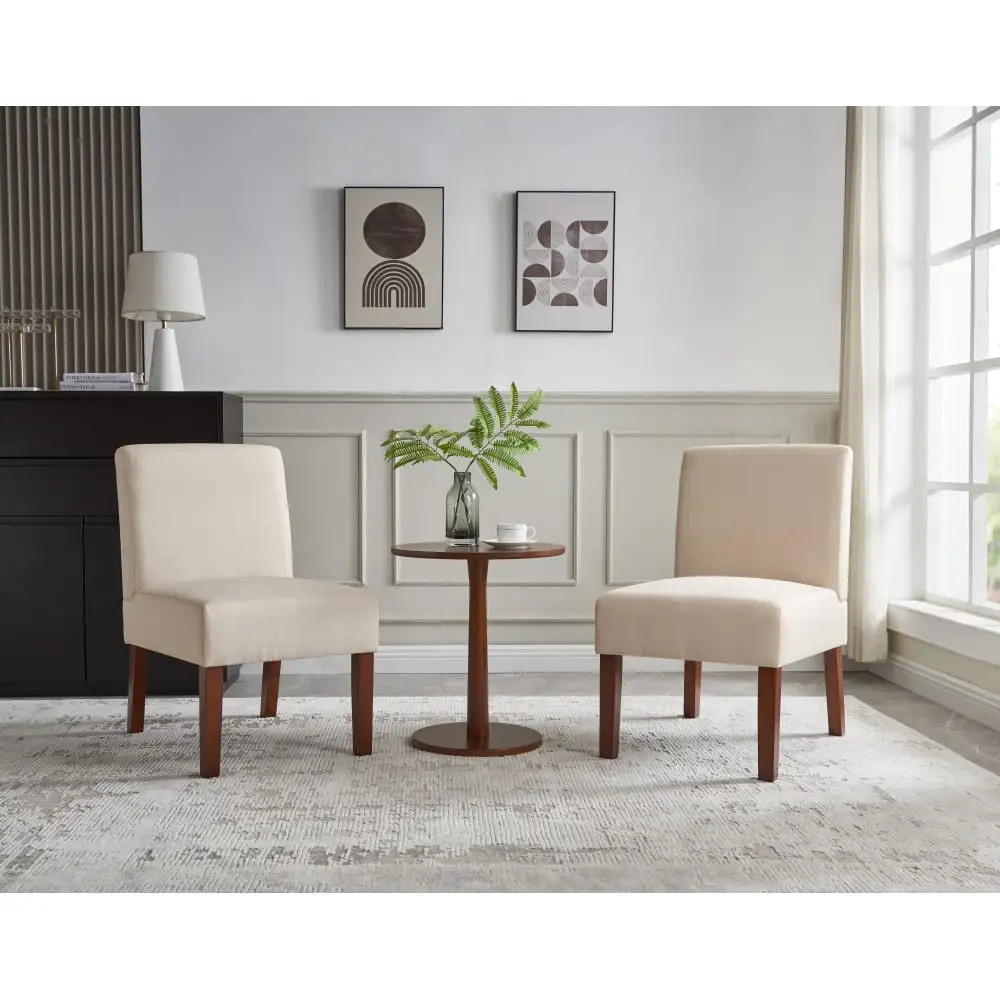 3 Piece Conversation Set. Wood Round Side Table with 2 Beige Accent Chair