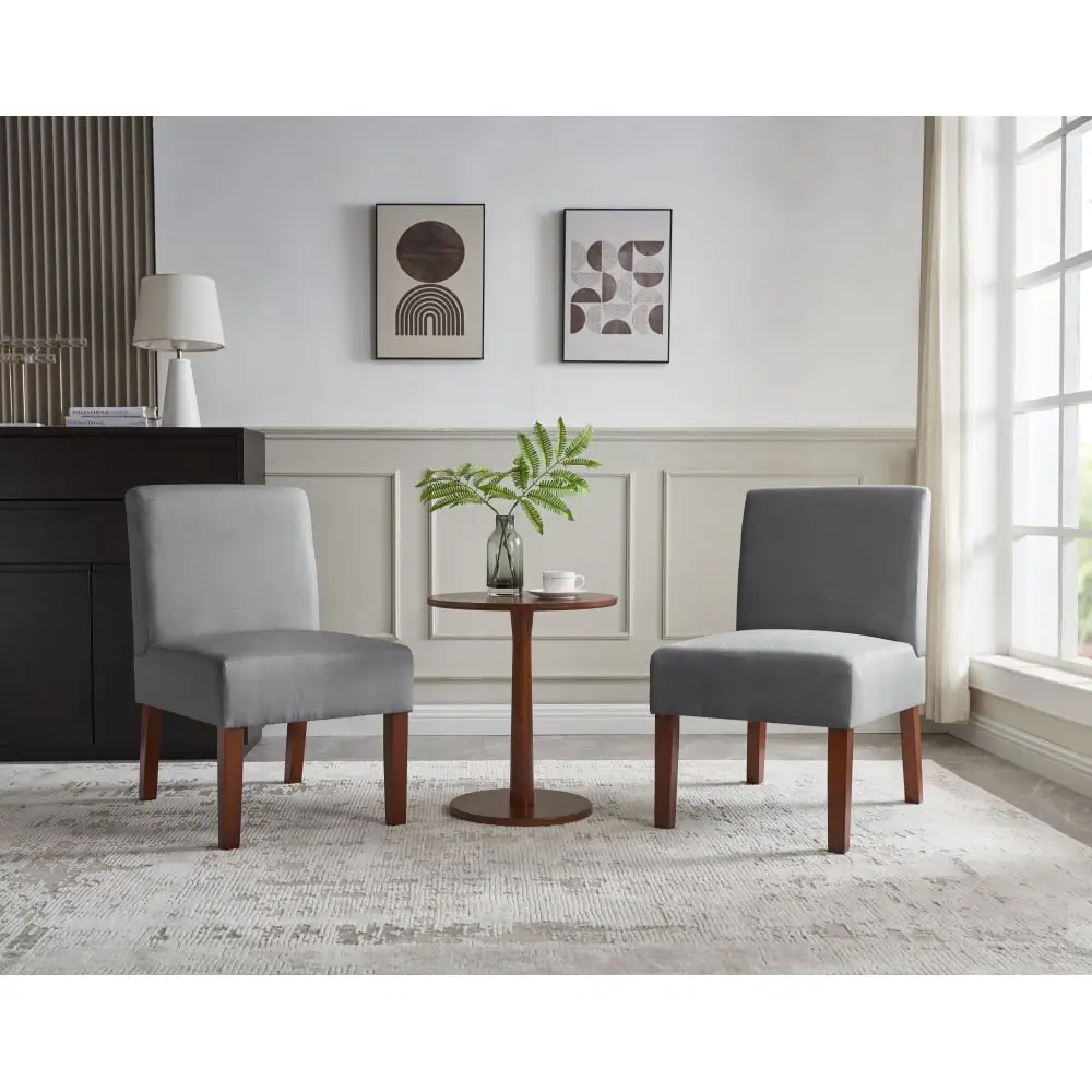 3 Piece Conversation Set. Wood Round Side Table with 2 Gray Accent Chair