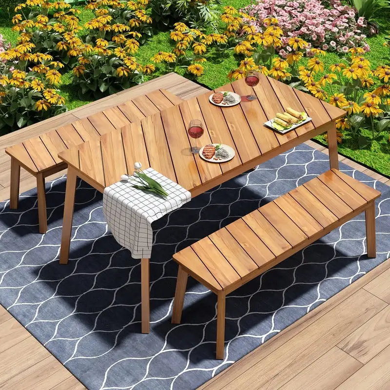 3 Piece Dining Table Set for 4. Picnic Table with 2 Benches. Acacia Wood Table and Chairs Sets for Patio. Porch. Garden. Poolside. Oak