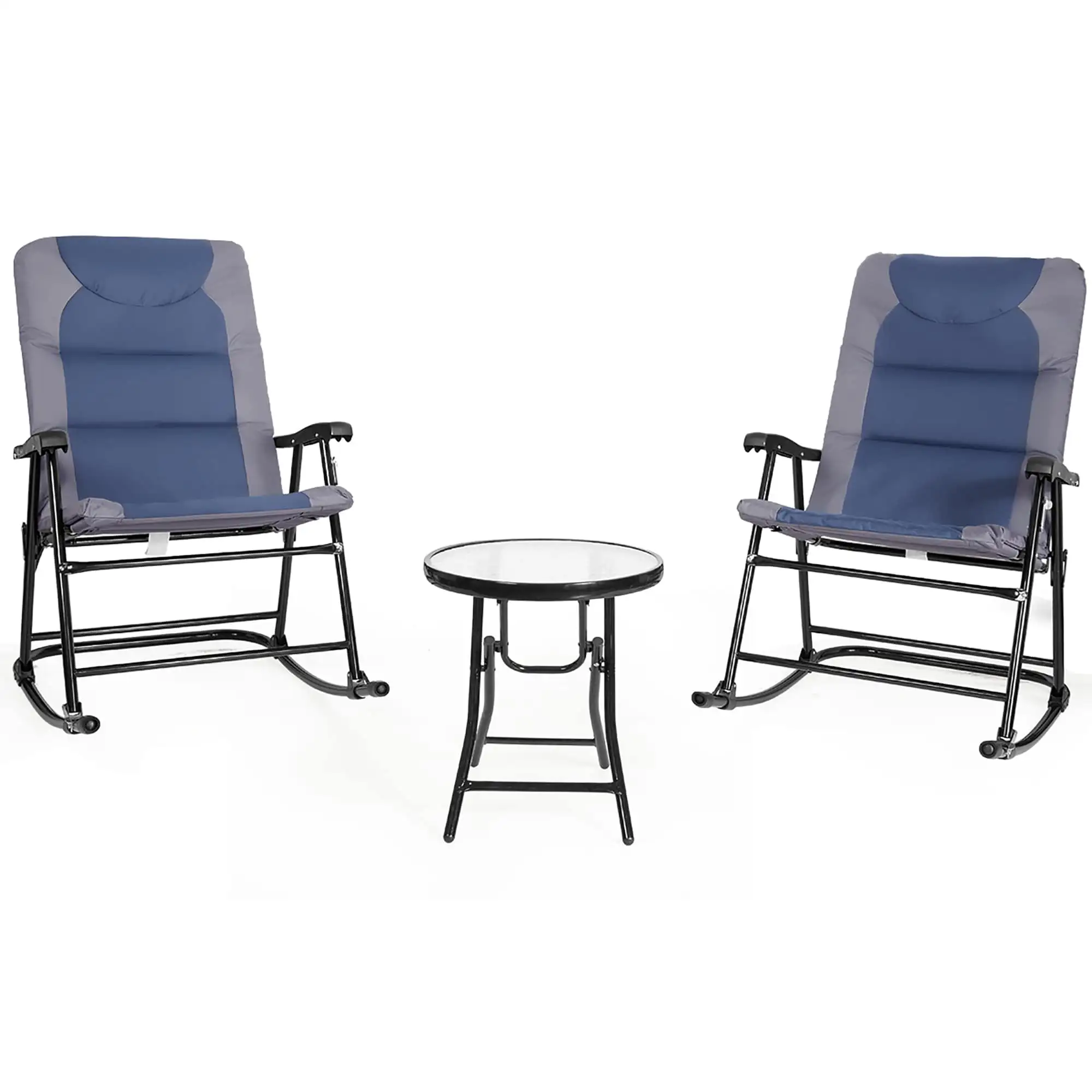 3-Piece Folding Rocking Chair Outdoor Bistro Set Blue