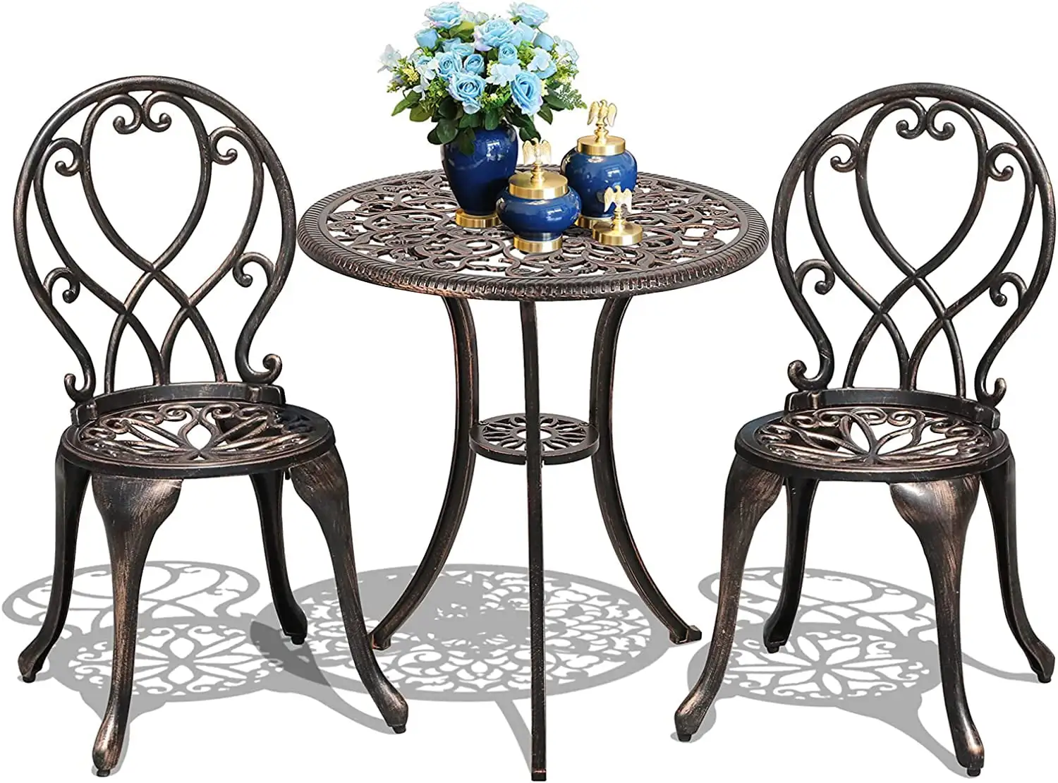 3 Piece Outdoor Bistro Set. All Weather Cast Aluminum Patio Dining Retro Table and Chairs with 2 Umbrella Hole. Bronze