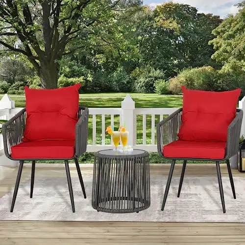 3 Piece Outdoor Bistro Set Patio Set Balcony Furniture Outdoor Furniture Rattan Chair Conversation Sets with Side Table for Porch. Backyard. Balcony (DGRY-Red)