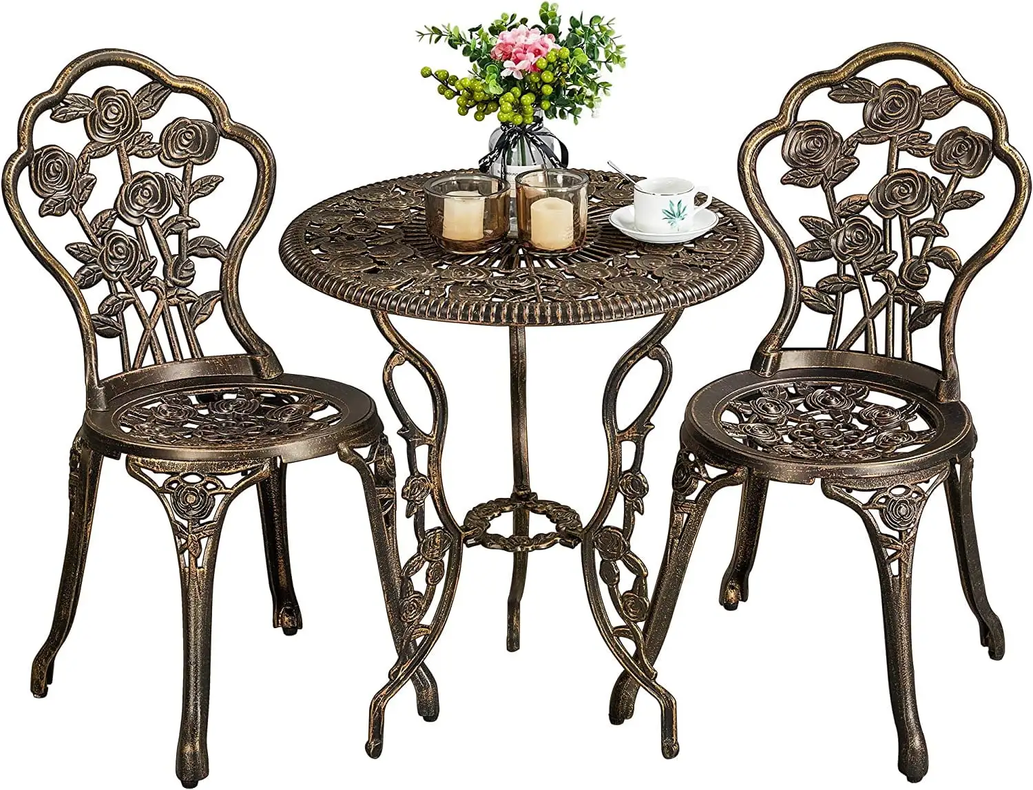 3-Piece Outdoor Bistro Set w/Rose Design. Rust-Resistant Cast Aluminum Table and Chairs w/Umbrella Hole for Balcony Backyard Garden