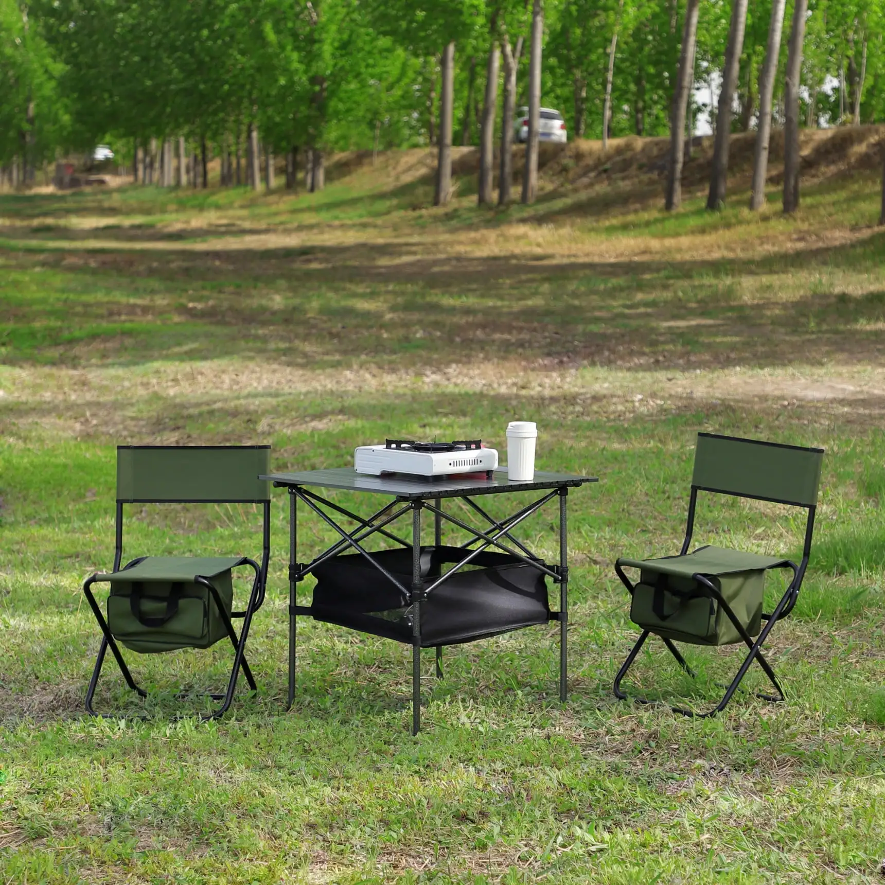 3-Piece Outdoor Chair Set. Lightweight Folding Table and Chair Set for Outdoor. Indoor and Travel Use. Weather-Resistant Aluminum and Steel Frame with Padded Seats. Bistro Set. Black+Green