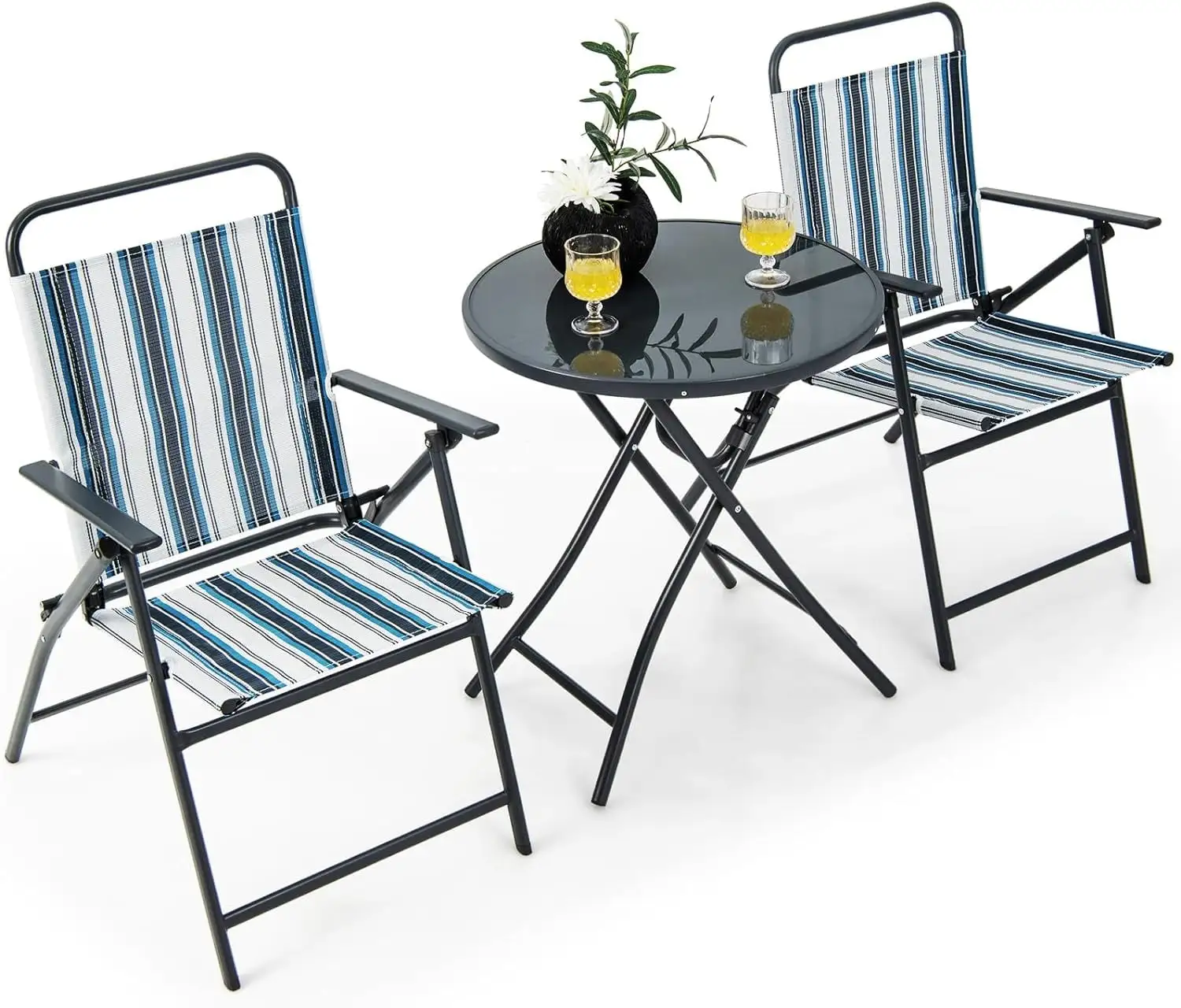 3 Piece Outdoor Folding Chair Set. 2 Folding Chairs with Folding Table. Heavy-Duty Metal Frame. Outdoor Dining Chair Set. Portable Patio Bistro Set for Backyard. Poolside. Balcony