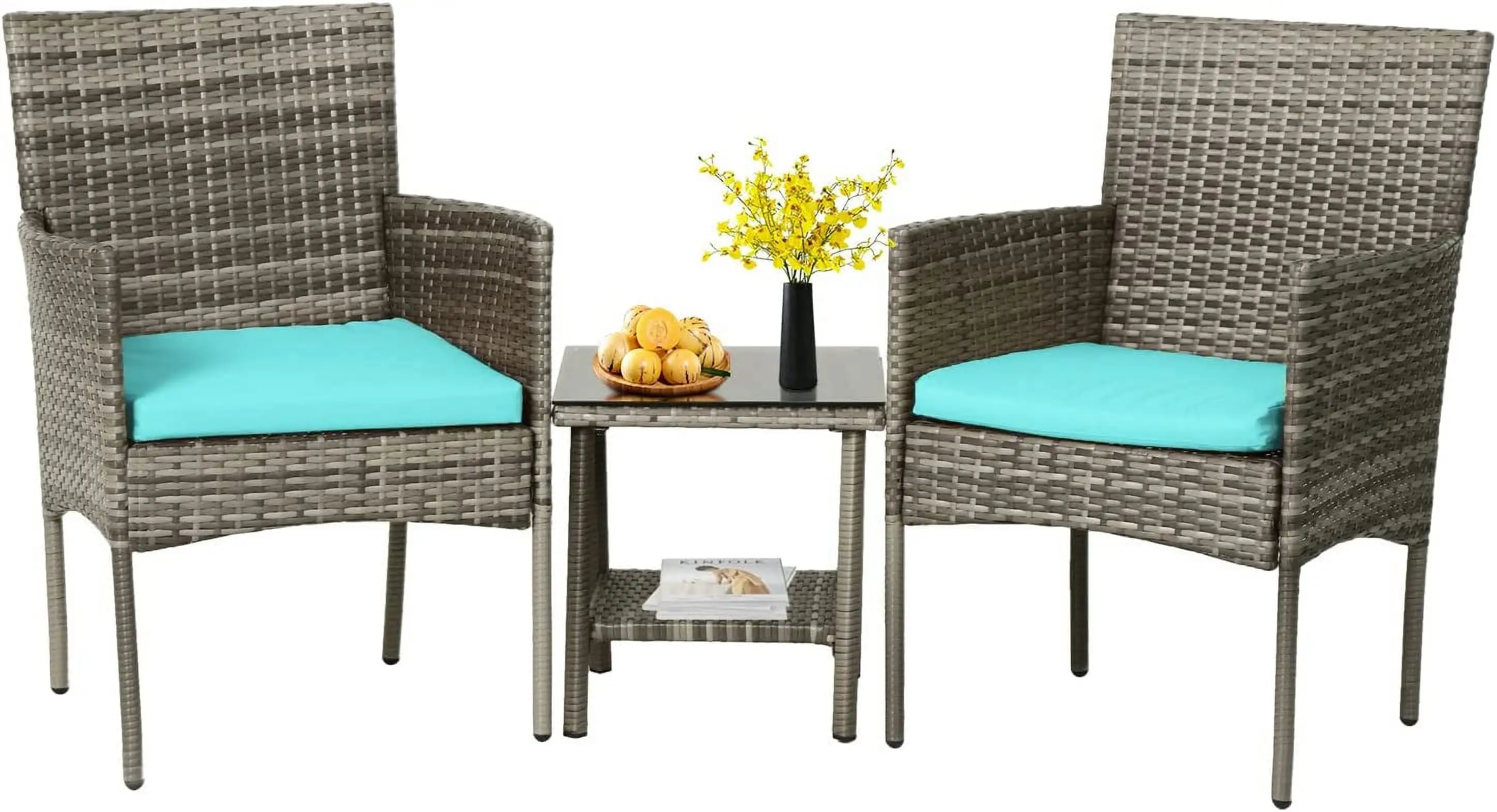 3 Piece Outdoor Furniture Set Patio Gray Wicker Chairs Furniture Bistro Conversation Set 2 Rattan Chairs with Blue Cushions and Glass Coffee Table for Porch Lawn Garden Balcony Backyard