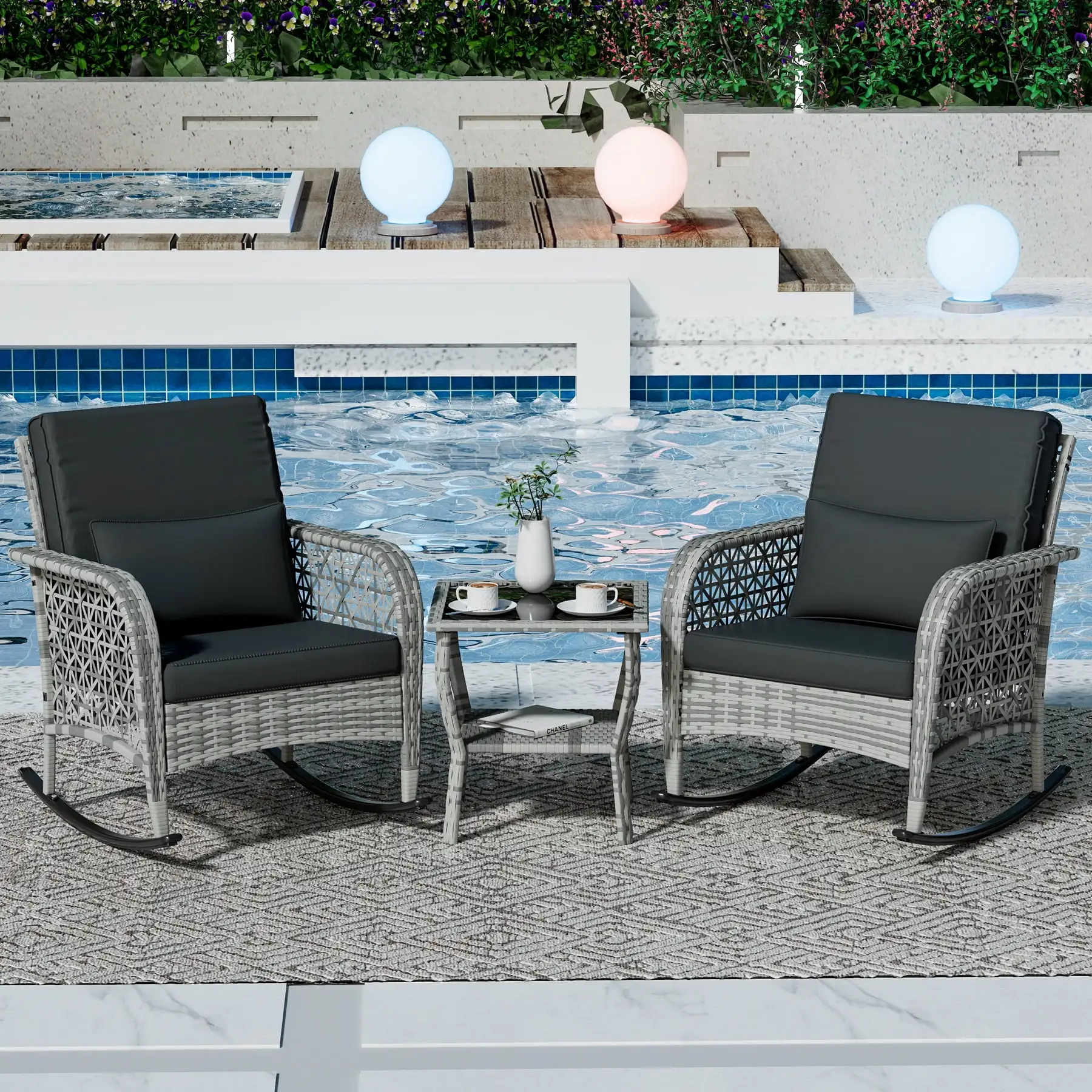 3 Piece Outdoor Furniture Set. Outdoor Rocking Chair Set of 2. Rattan Patio Conversation Chair. Wicker Bistro Set with Glass-top Side Table & Cushion (Dark Grey)