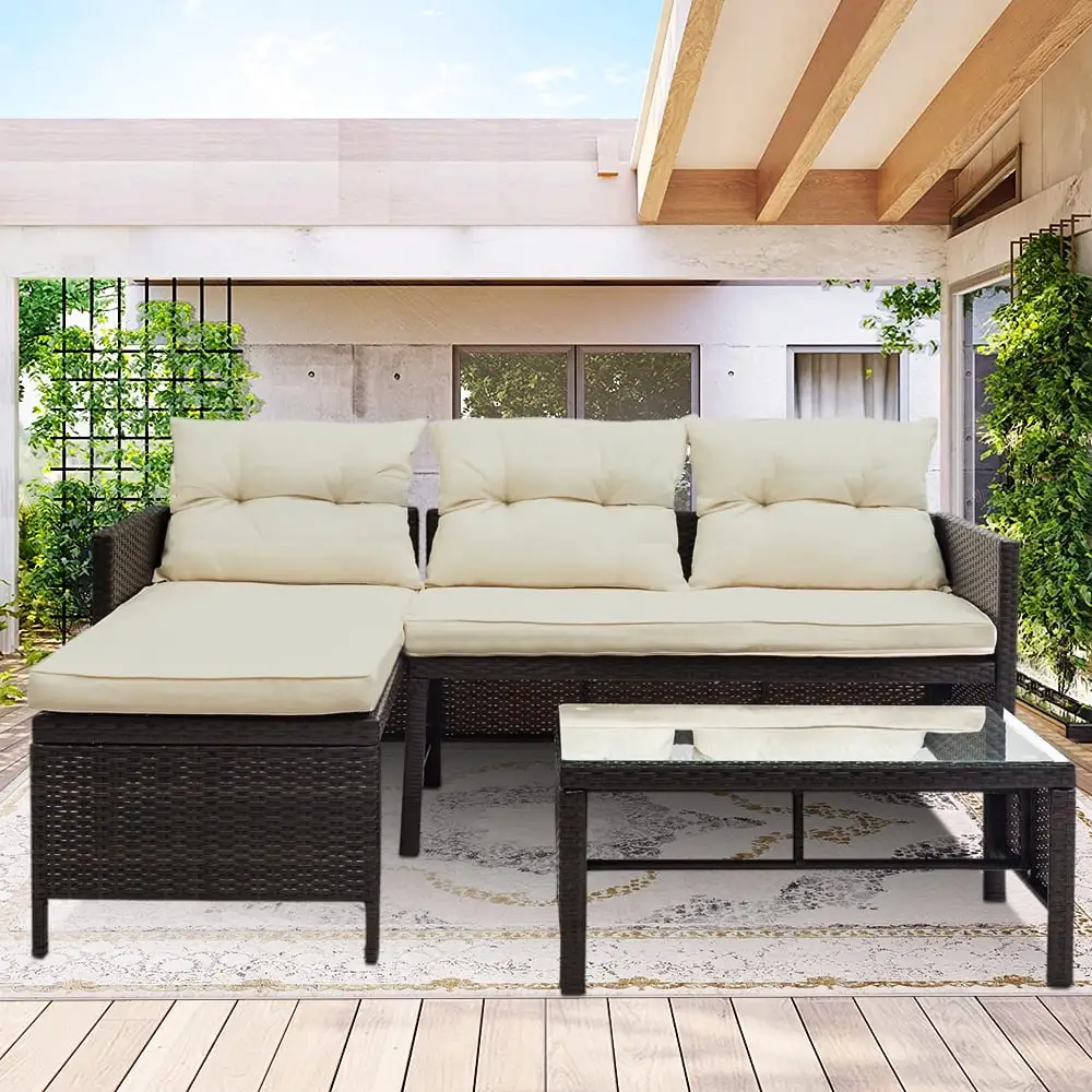 3 Piece Outdoor Patio Conversation Set. 2 Rattan Wicker Chair with Glass Table. All-Weathe Patio Sofa Furniture Set with Cushions for Backyard. Porch. Garden. Pool. L2308