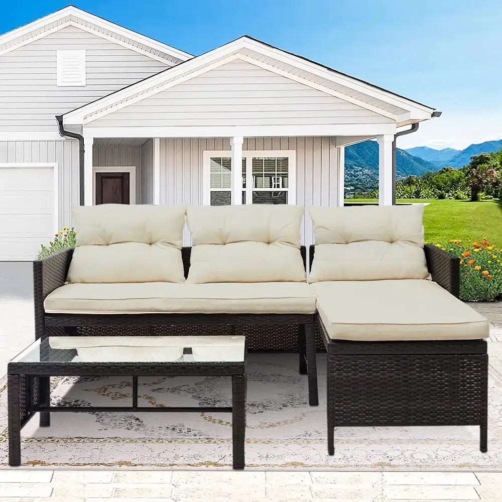 3 Piece Outdoor Patio Conversation Set. 2 Rattan Wicker Chairs with Glass Table. All-Weathe Patio Sofa Furniture Set with Removable Cushions for Backyard. Porch. Poolside. L2242