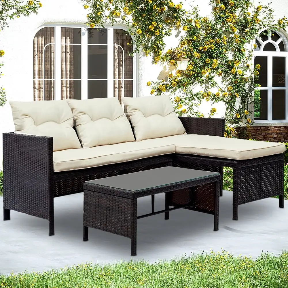 3 Piece Outdoor Patio Conversation Set. 2 Rattan Wicker Chairs with Glass Table and Ottoman. All-Weathe Patio Sofa Furniture Set with Cushions for Backyard. Porch. Garden. Pool.L2314