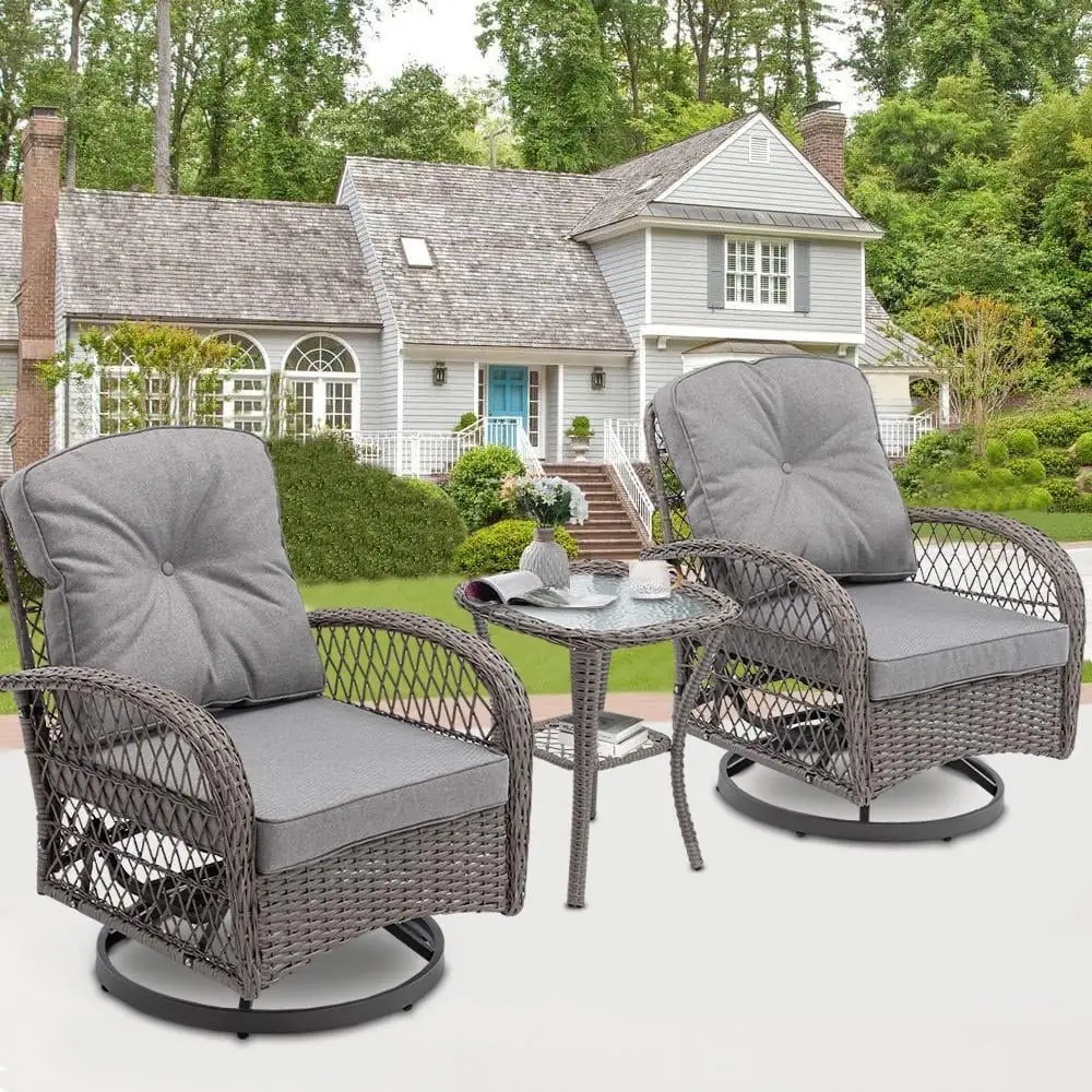 3 Piece Outdoor Patio Furniture Set. PE Rattan Glass Top Table and Chairs Set. Outdoor Pub Table Set with Cushions for 2 Persons. All-weather Bistro Set for Patio Pool Balcony Pub Cafe