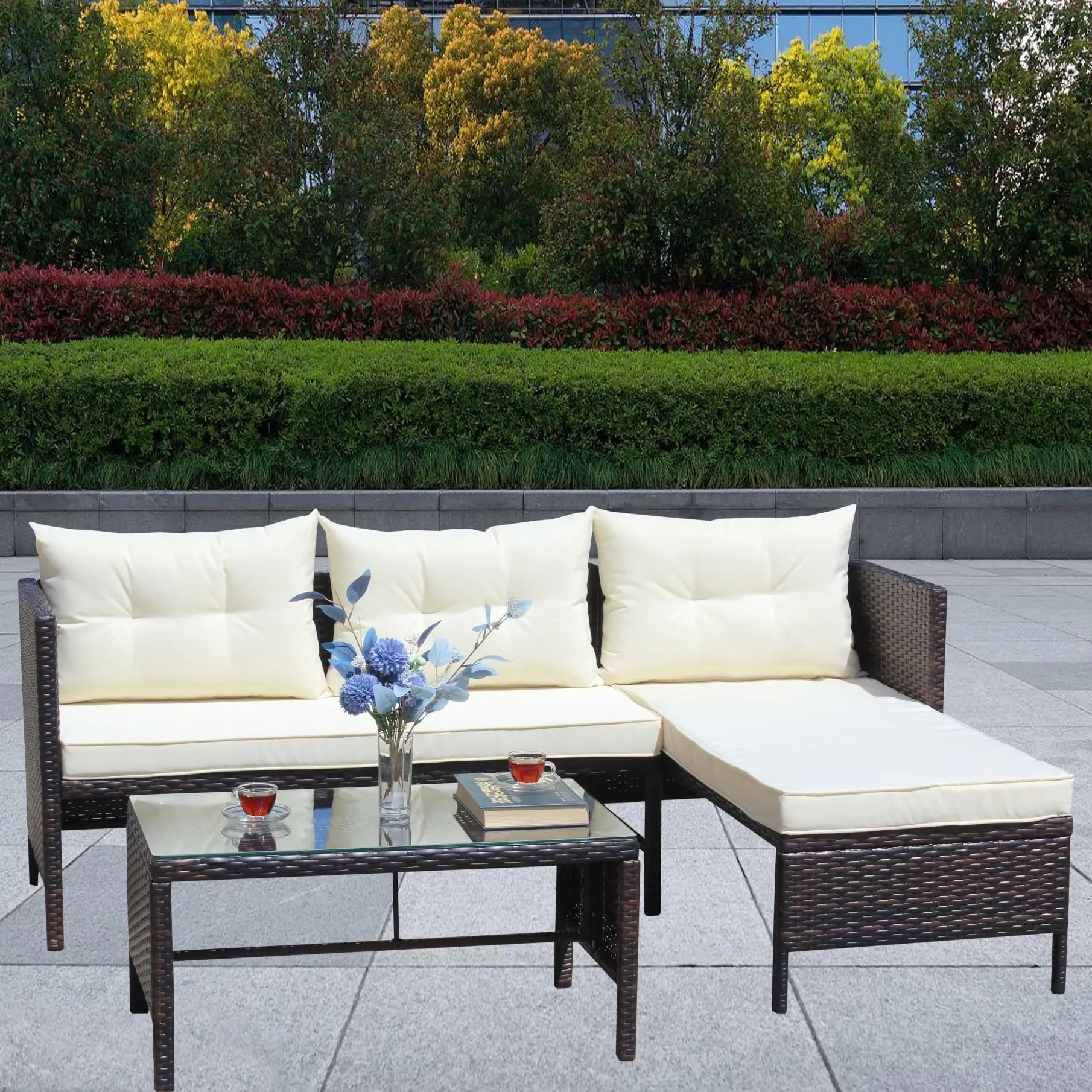 3 Piece Outdoor Patio Furniture sets. Conversation Set with Loveseat & Lounger Sofa & Coffee Table. Wicker Ratten Sectional Sofa with Seat Cushions for Patio Garden Backyard. Beige+Brown