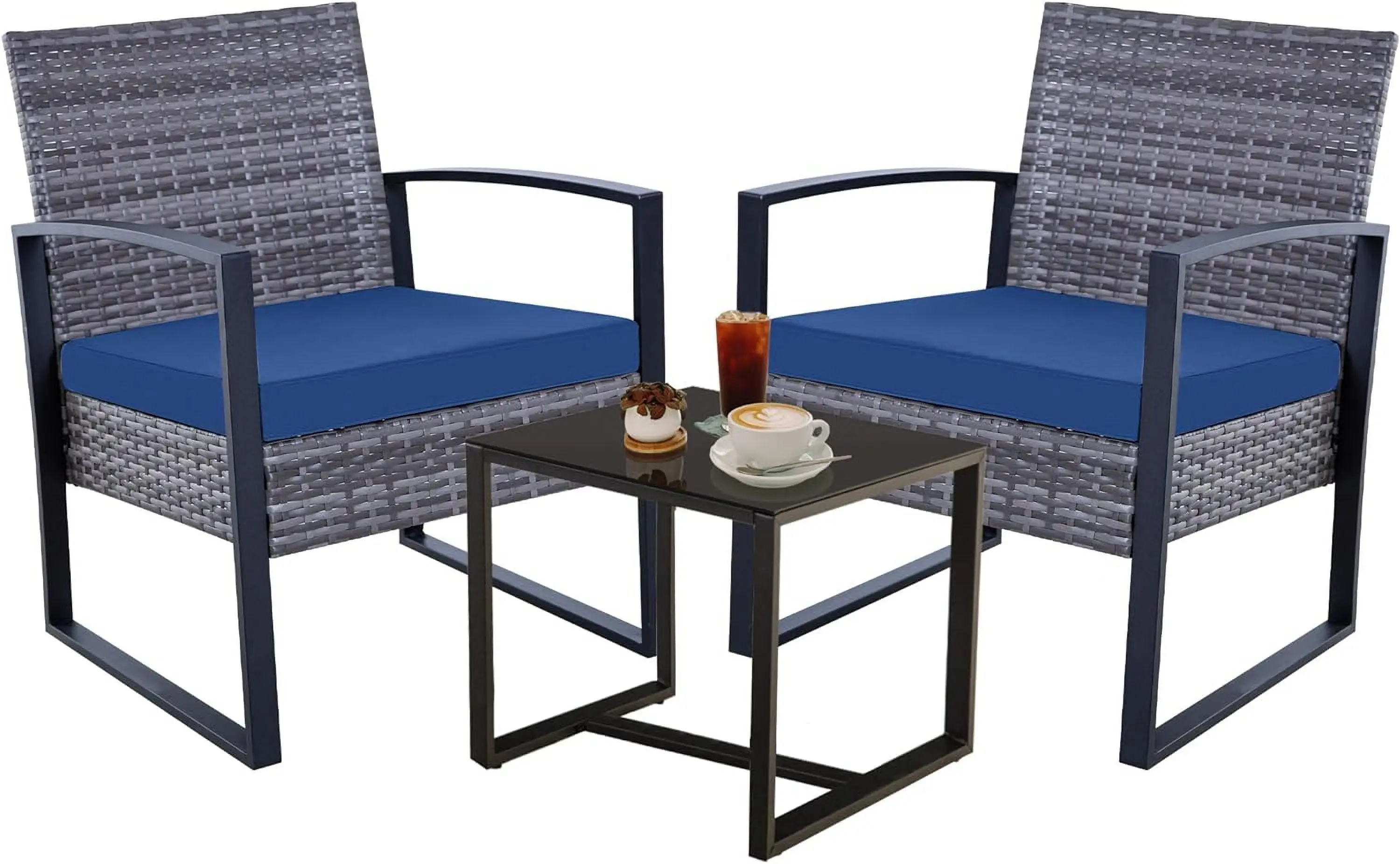 3 Piece Outdoor Patio Set Wicker Bistro Set Balcony Furniture With Table For Porch Backyard Lawn.Blue