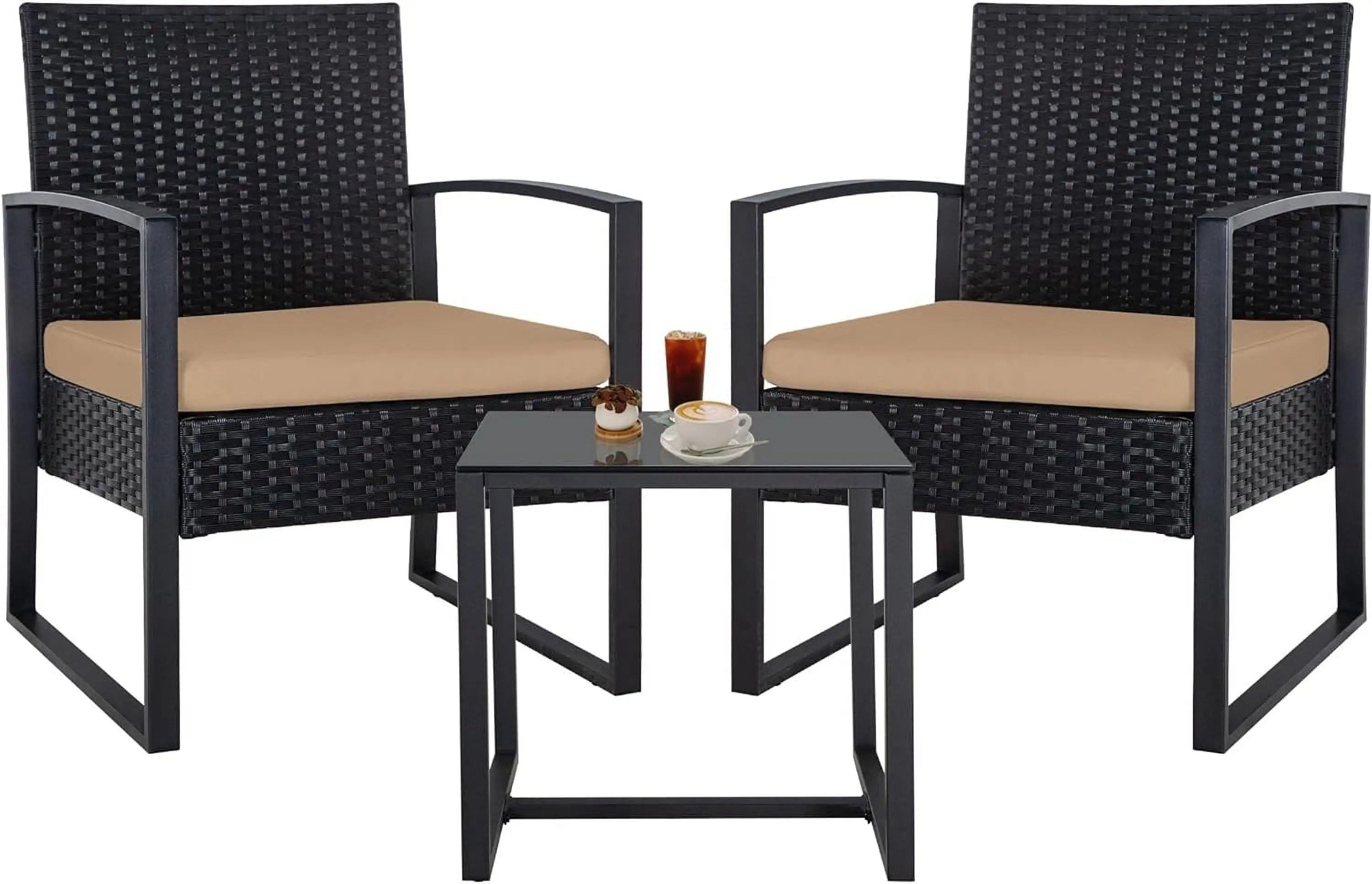 3 Piece Outdoor Patio Set Wicker Bistro Set Balcony Furniture With Table For Porch Backyard Lawn.Brown