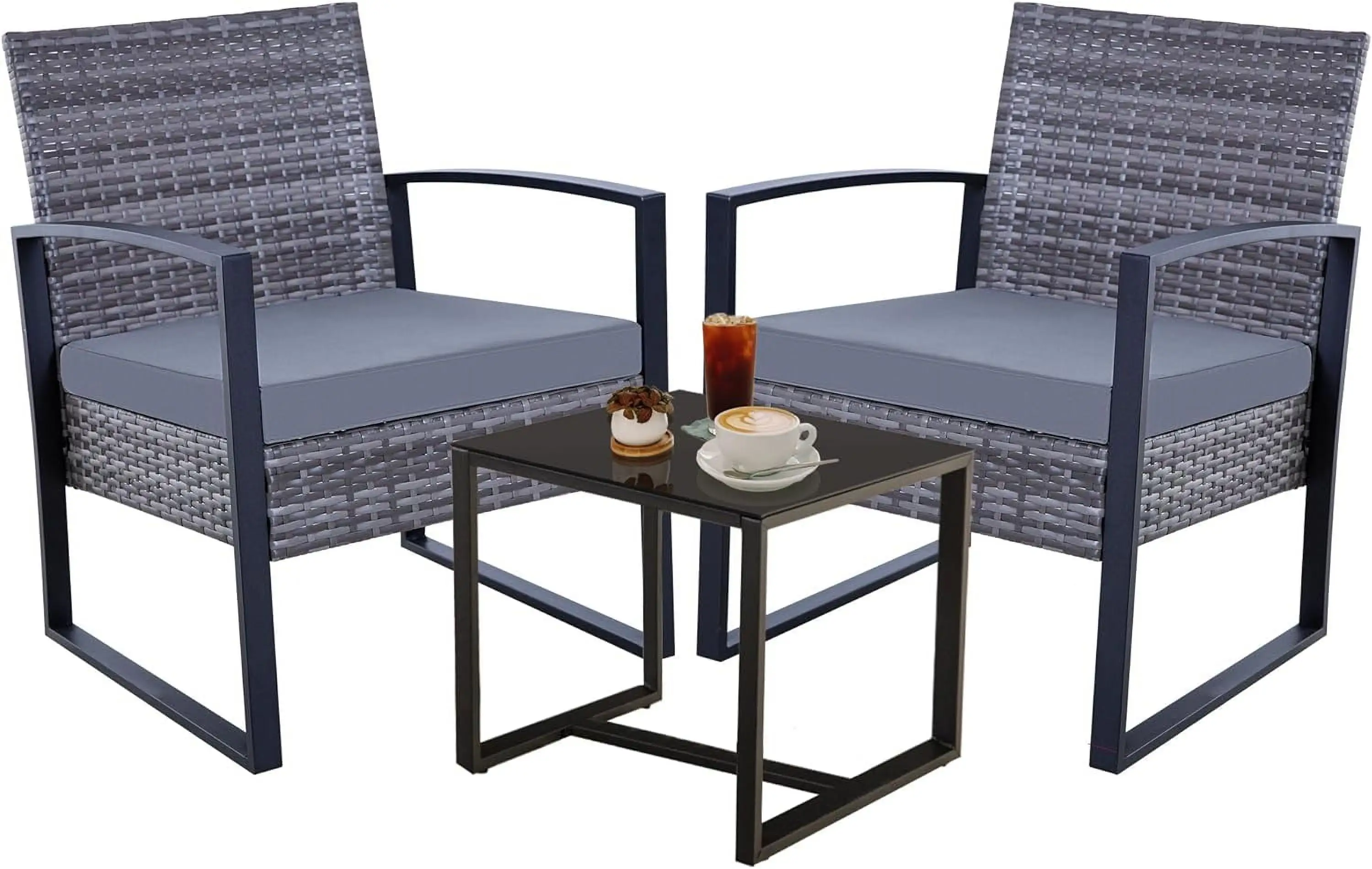 3 Piece Outdoor Patio Set Wicker Bistro Set Balcony Furniture With Table For Porch Backyard Lawn.Grey